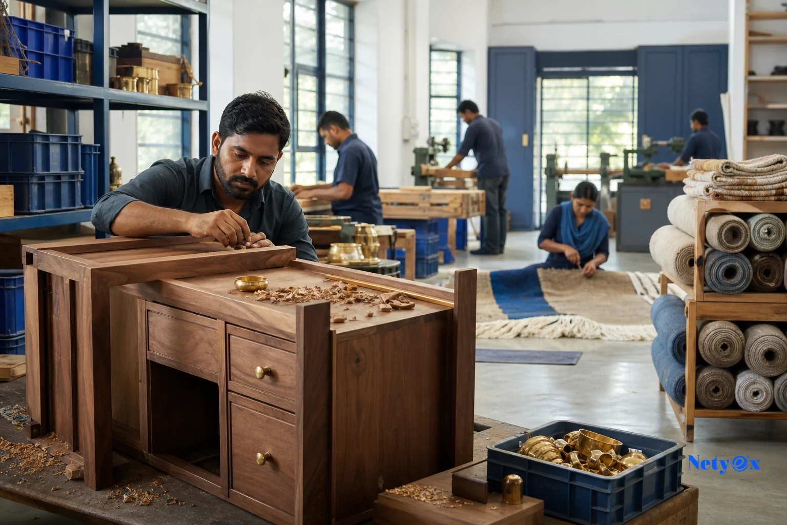 Photorealistic photo composition showing a modern textile and handicraft workshop in India with artisans working on wooden furniture and woven rugs, warm natural daylight through workshop windows, organized workspace with raw materials like