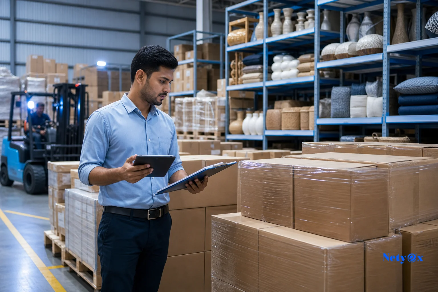 Visual representing phased rollout of production orders, showing packed export cartons ready for staged shipping. Photorealistic photo of a well-organized export packing facility in India with stacked cartons and pallets ready for shipment