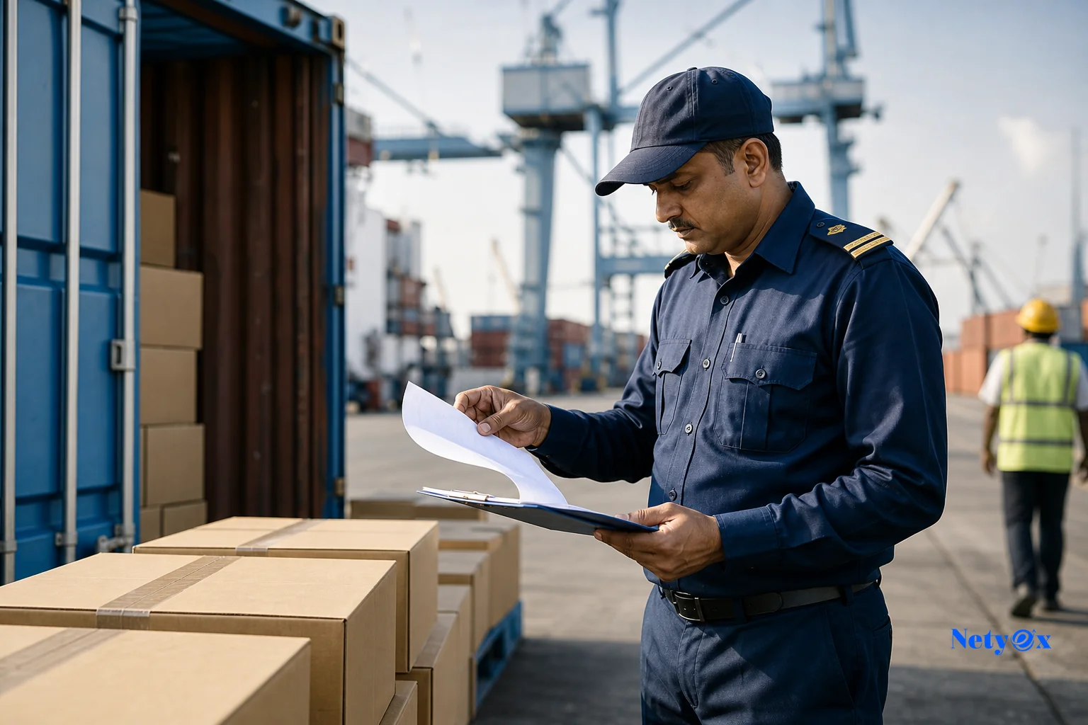Export cargo being inspected and stamped at an Indian port or customs facility. photorealistic: A customs official at an Indian port inspecting export cargo cartons next to a shipping container, warm daylight, industrial port setting with