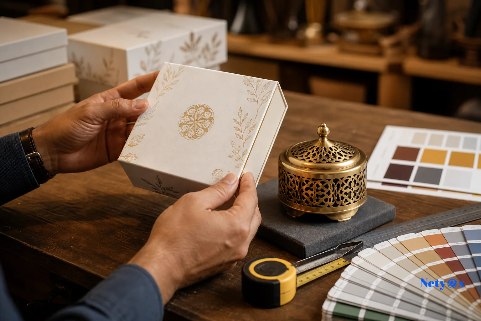 Quality control inspection of custom printed rigid gift box sample alongside a brass handicraft product, with Pantone color swatches on a work table