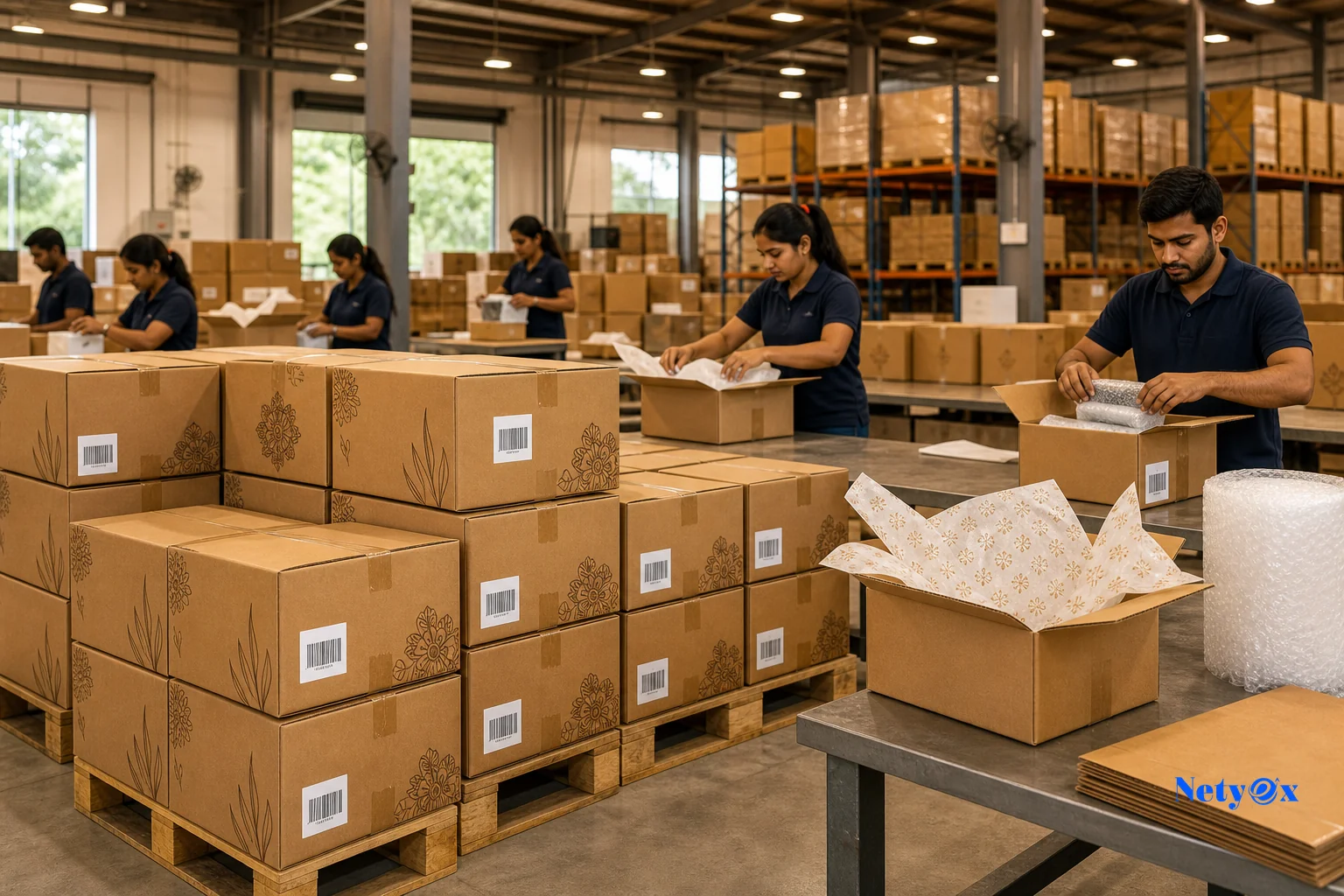 Organized Indian export warehouse with custom branded corrugated shipping cartons stacked on pallets, ready for private-label product export