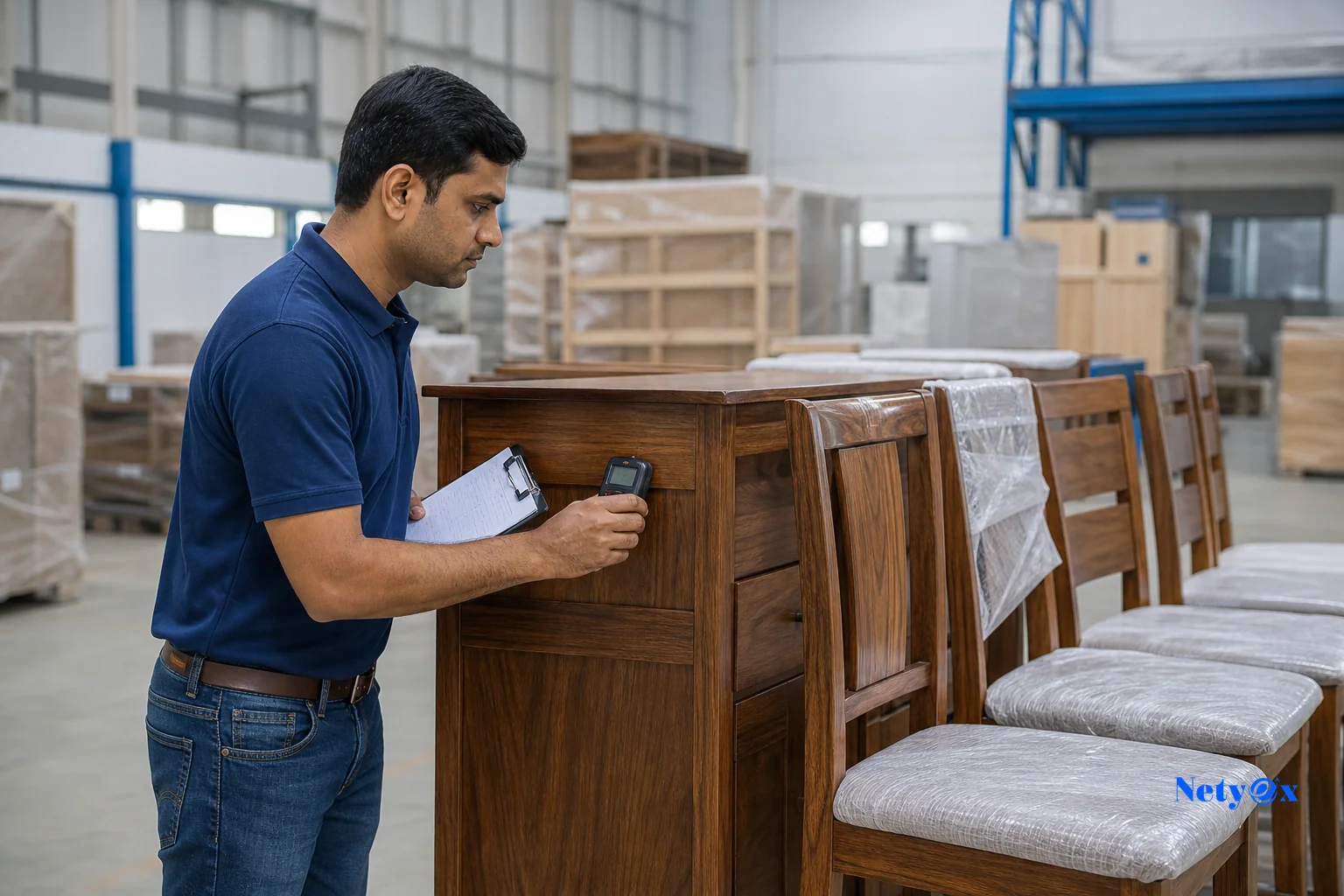 Quality inspector checking finished furniture pieces before shipment. Photorealistic photo of a quality control inspector examining a row of finished wooden furniture pieces (dining chairs and a cabinet) in a bright Indian export warehouse.