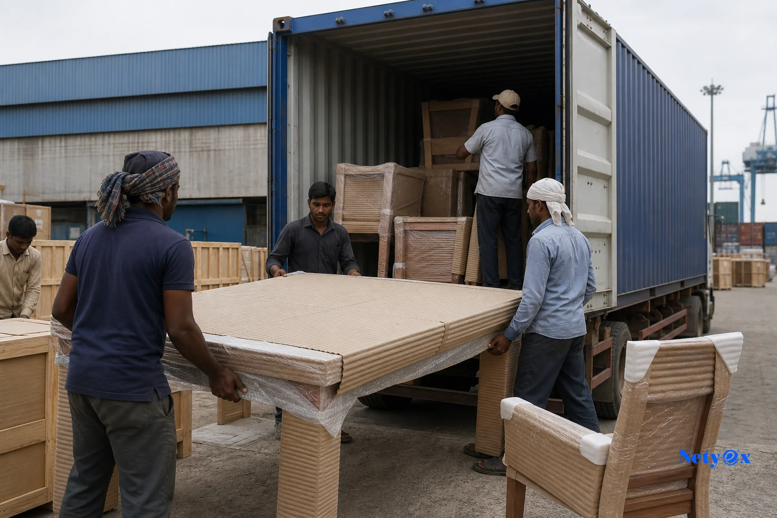 Furniture being packed and loaded into a shipping container for export to the US. Photorealistic photo of workers carefully wrapping and loading large wooden furniture pieces (a dining table and chairs) into a shipping container at an