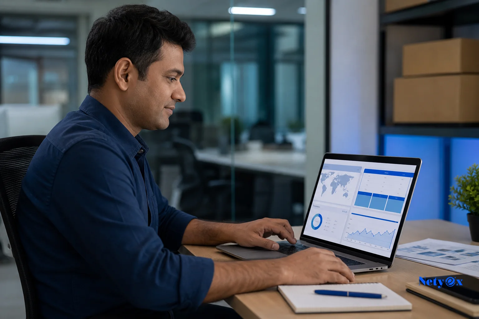 A dedicated sourcing specialist reviewing a digital order tracking dashboard on a laptop, representing the buyer portal. Photorealistic photo of a professional sourcing specialist in an office in India reviewing a clean digital dashboard