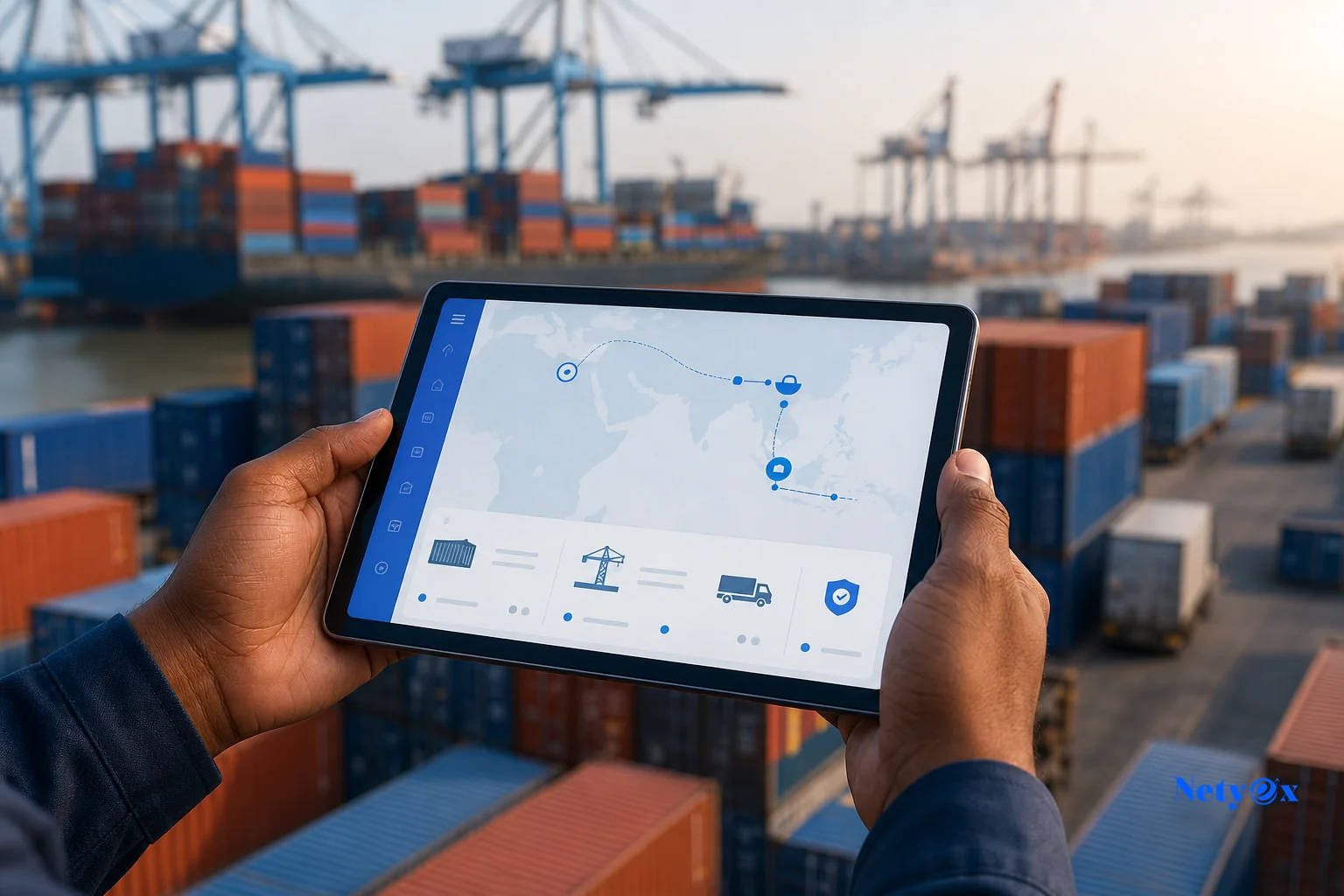 Close-up of hands using a tablet showing shipment tracking status with a shipping container yard blurred in background. Photorealistic photo of hands holding a tablet displaying a minimalist tracking interface with status icons, blurred