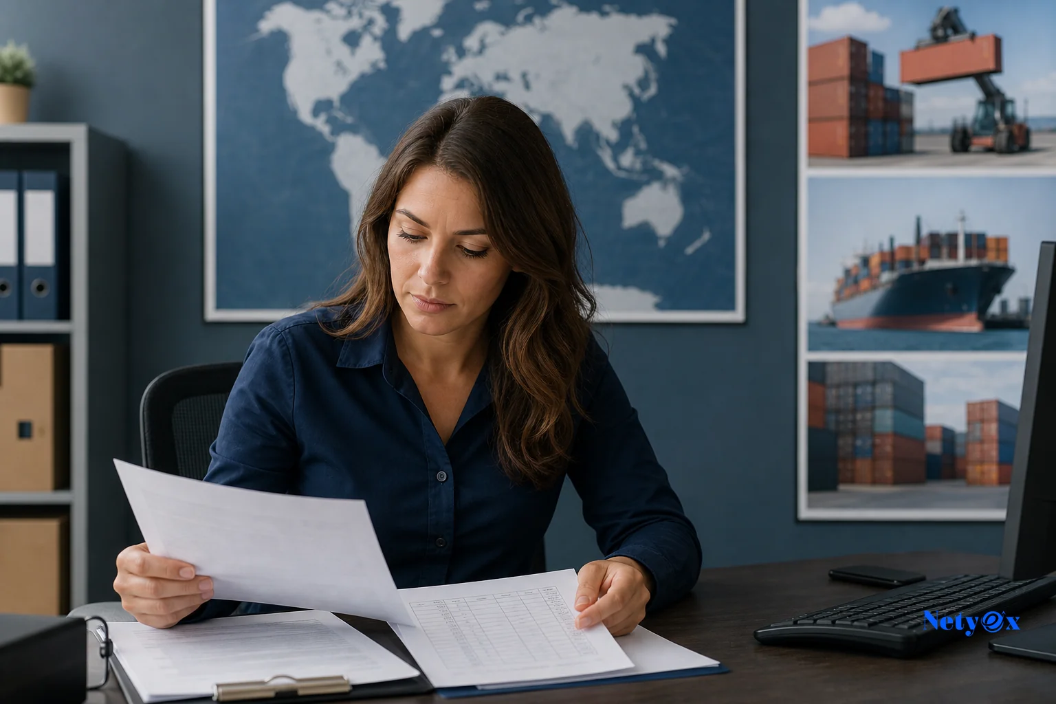 photorealistic photo of a logistics coordinator reviewing shipping documents and a packing list at a desk with a world map and shipping container photos on the wall, professional office setting, navy and slate blue tones, no text