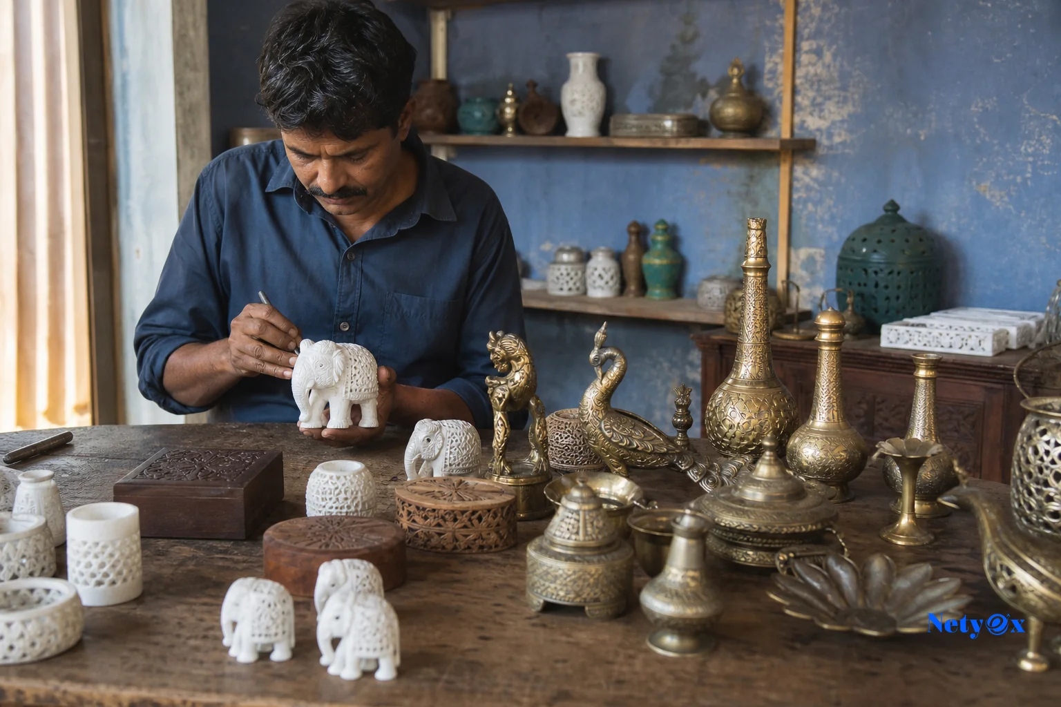 photorealistic photo of an Indian artisan workshop with brass, wood carving and marble handicraft pieces laid out on a wooden table, warm natural light, muted blue and slate color grading matching brand palette #2d58dd and #4e5d78