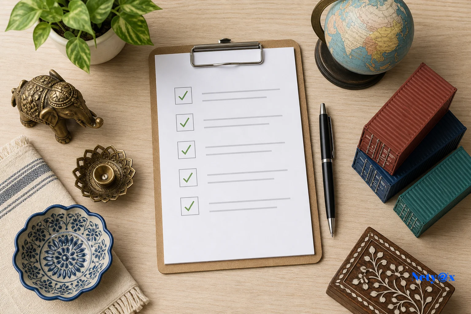 Structured vetting checklist for evaluating an India sourcing agent, with Indian handicraft items and shipping elements arranged on a desk
