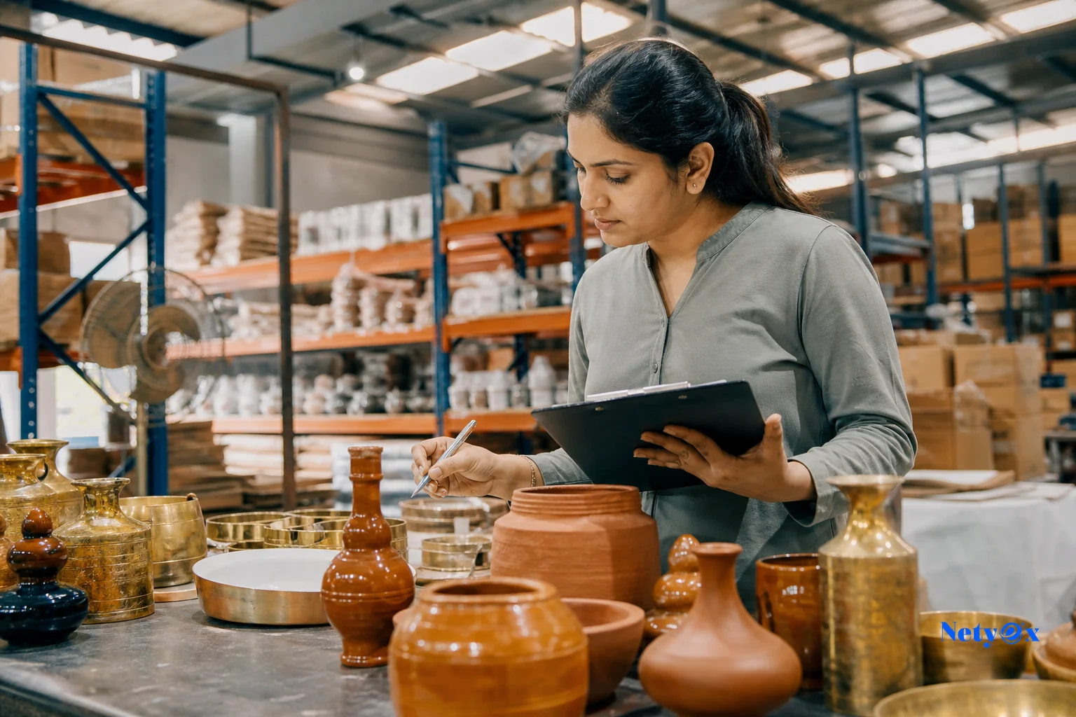 Quality control inspector examining ceramic and brass products in an Indian manufacturing facility during pre-shipment inspection