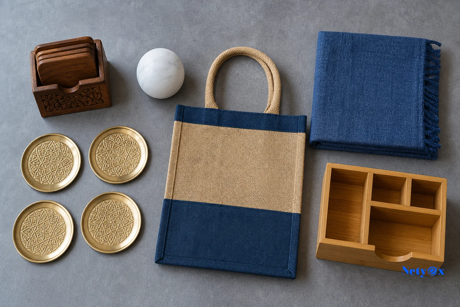 Photo showing variety of Indian handicraft materials used for corporate gifts - brass, wood, marble, jute. photorealistic overhead photograph of an assortment of Indian handicraft corporate gift materials arranged neatly on a neutral grey