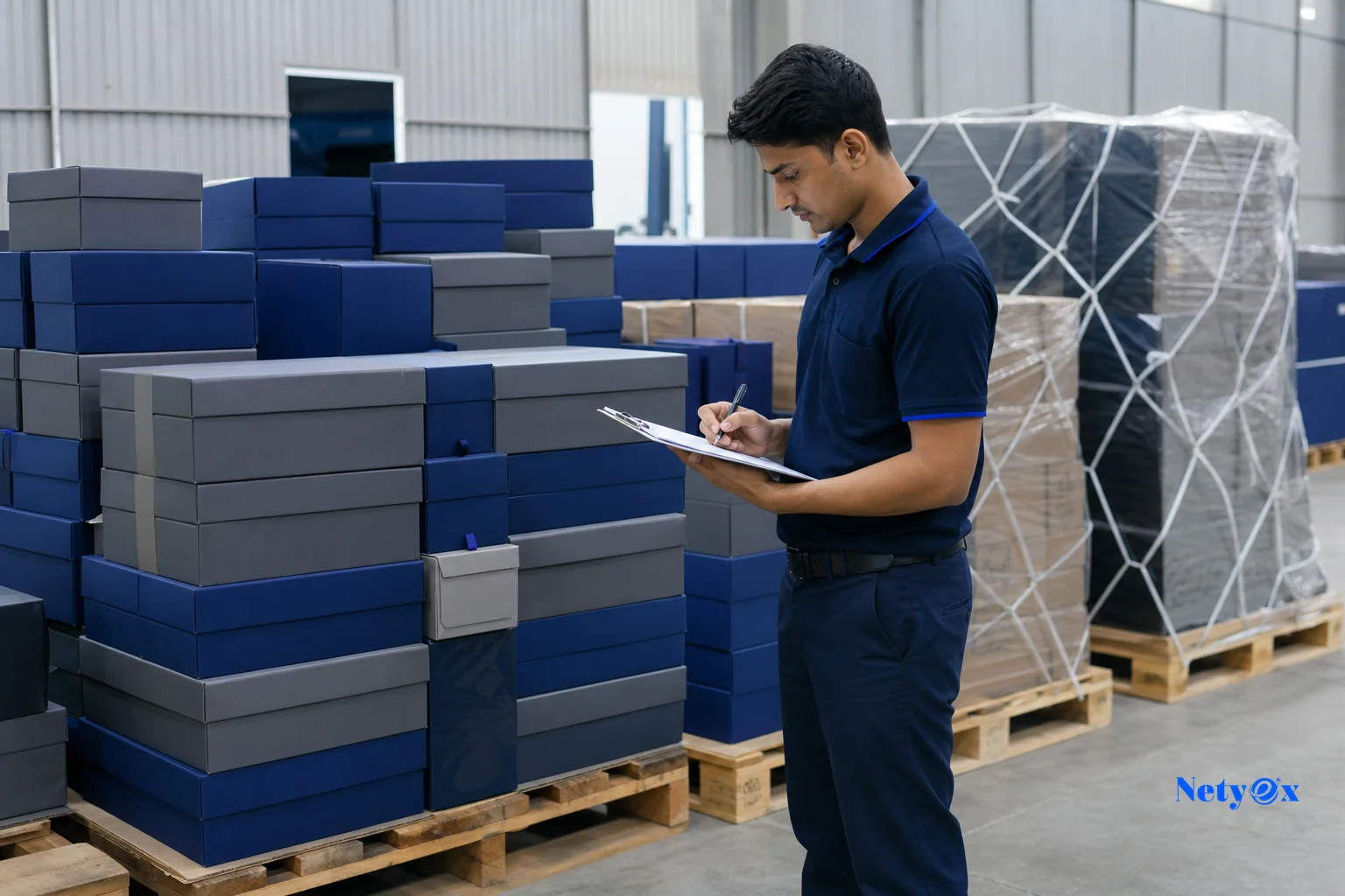 Photo depicting export packaging and logistics preparation for corporate gift shipments, showing organized cartons ready for air freight. photorealistic photograph of a clean, organized warehouse packing area in India with neatly stacked