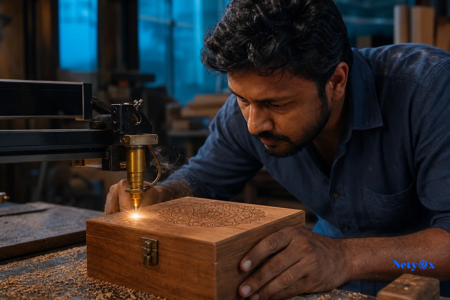 photorealistic photograph of a skilled craftsman in an Indian workshop carefully laser-engraving a design onto a wooden gift box, sparks and fine wood dust visible near the engraving tip, warm industrial lighting, workshop background softly