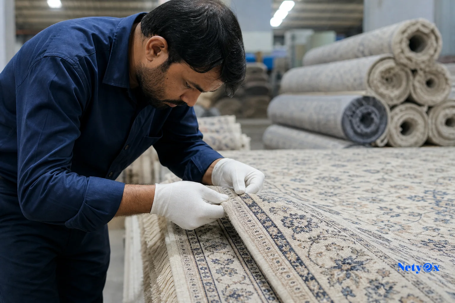 Quality inspector examining a batch of hand-knotted rugs for dye consistency before shipment. Photorealistic photo of a quality control inspector closely examining the pile and edge of a hand-knotted wool rug under bright inspection