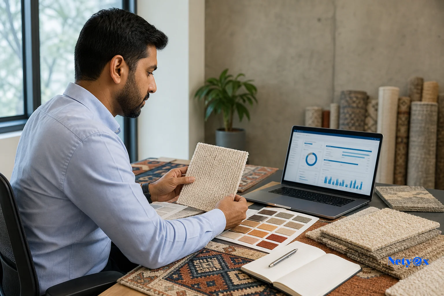 A sourcing specialist reviewing rug samples and production documents for a hospitality order. Photorealistic photo of a sourcing professional in an India-based office reviewing rug swatches, dye-lot cards, and a laptop showing an order