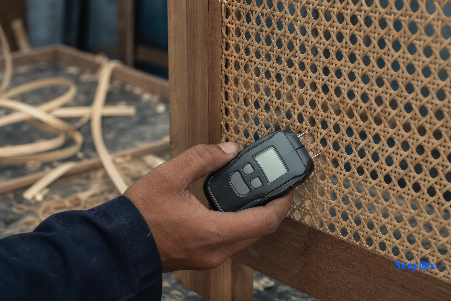 Close-up of moisture testing on rattan furniture components before packing. photorealistic: Close-up documentary photo of a technician's hand holding a digital moisture meter against a woven cane furniture frame in an Indian workshop, wood
