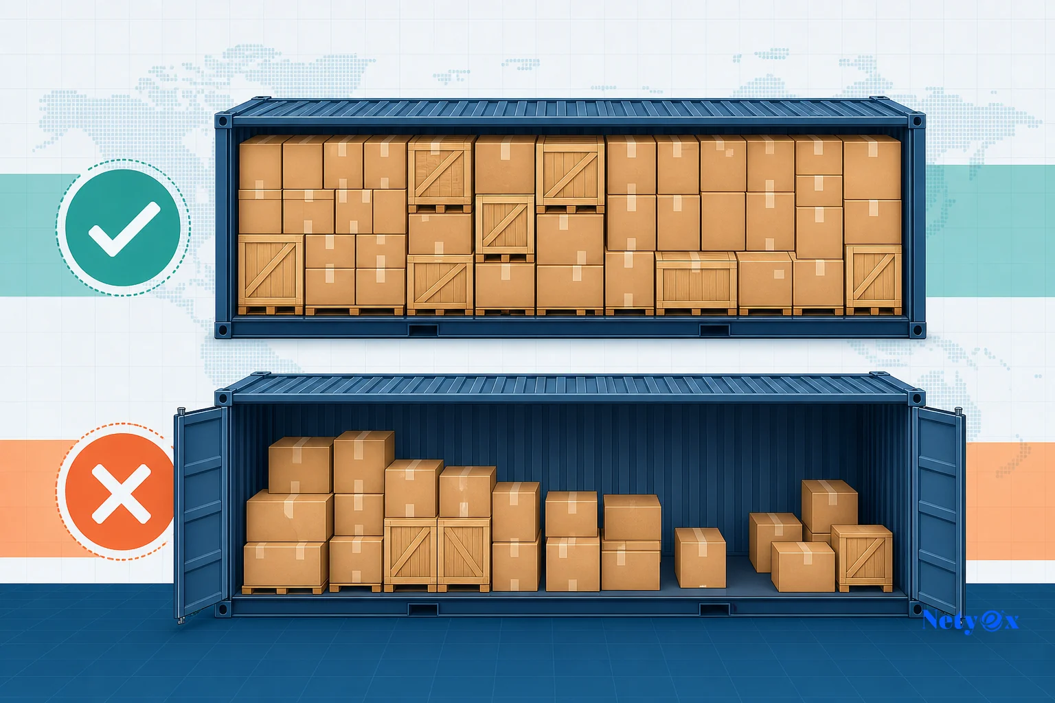 Cutaway illustration comparing a fully packed shipping container against a partially filled container to show freight cost per unit