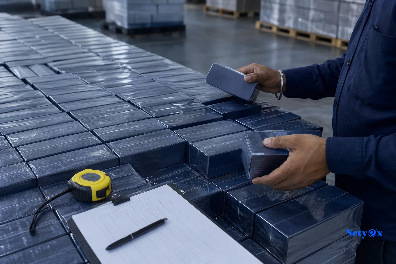 Close-up of inspector randomly selecting sample units from a production lot for AQL sampling. Photorealistic photo of a quality inspector's hands randomly selecting sample cartons from a large stacked lot of packed goods on a factory floor