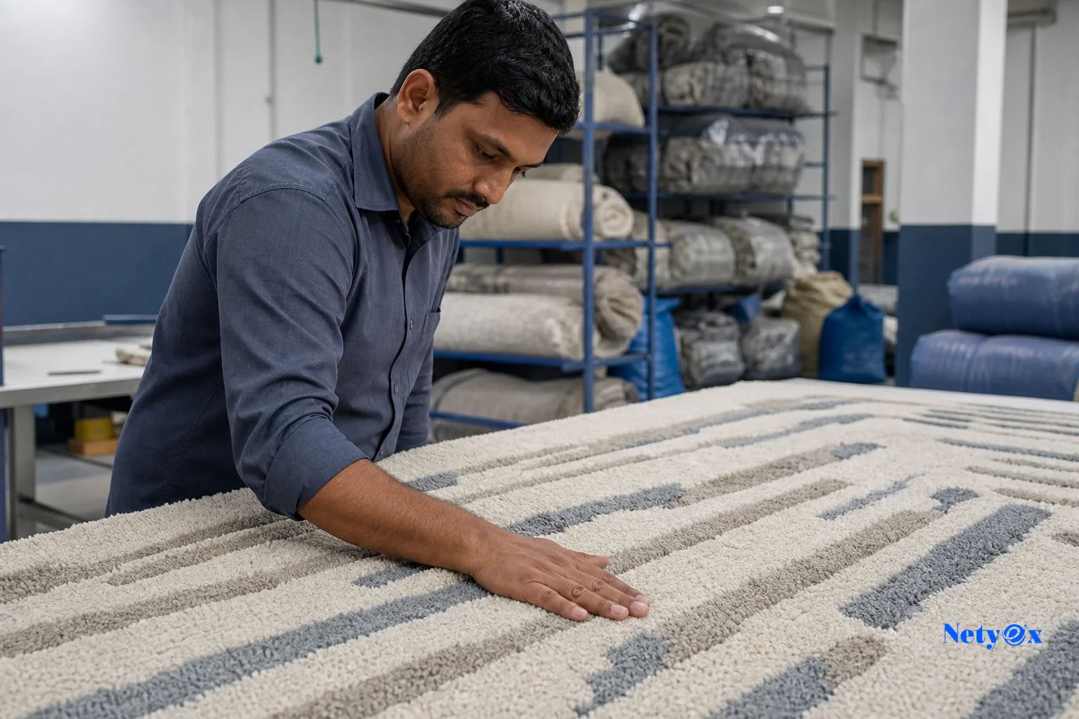 Inspector checking a hand-tufted wool rug for defects like pile height and colorfastness under bright light. Photorealistic photo of an inspector examining a hand-tufted wool rug spread on an inspection table in an Indian export facility