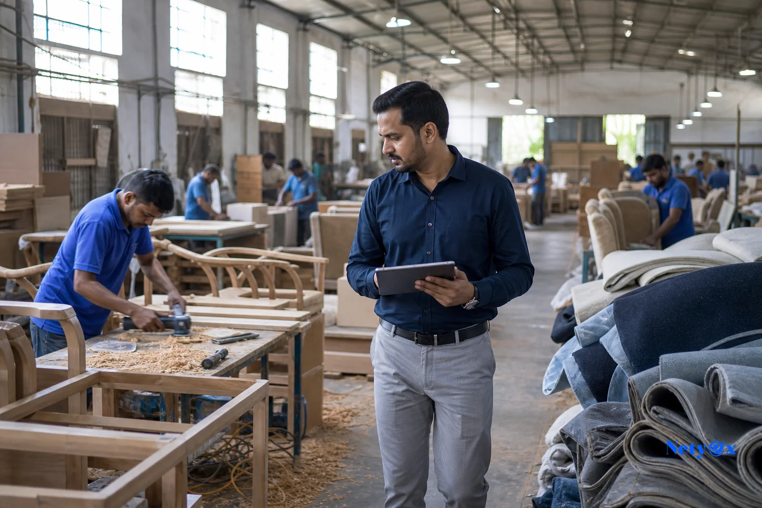 Sourcing team reviewing shipment tracking and quality inspection reports on a laptop in a modern office
