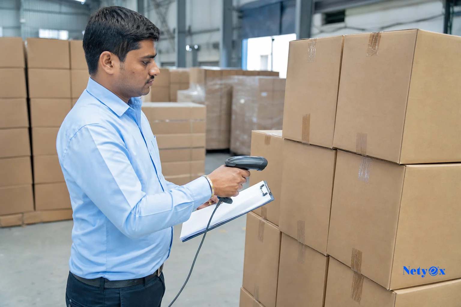 Inspector monitoring an active production floor during during-production inspection in an Indian workshop