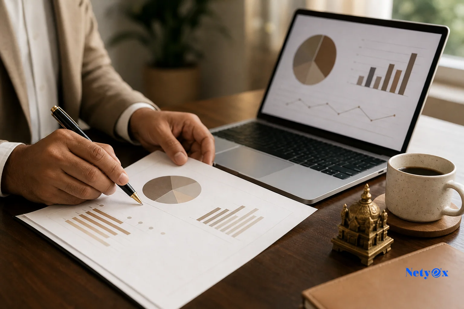 Business professional reviewing India import landed cost breakdown on desk with brass decor item