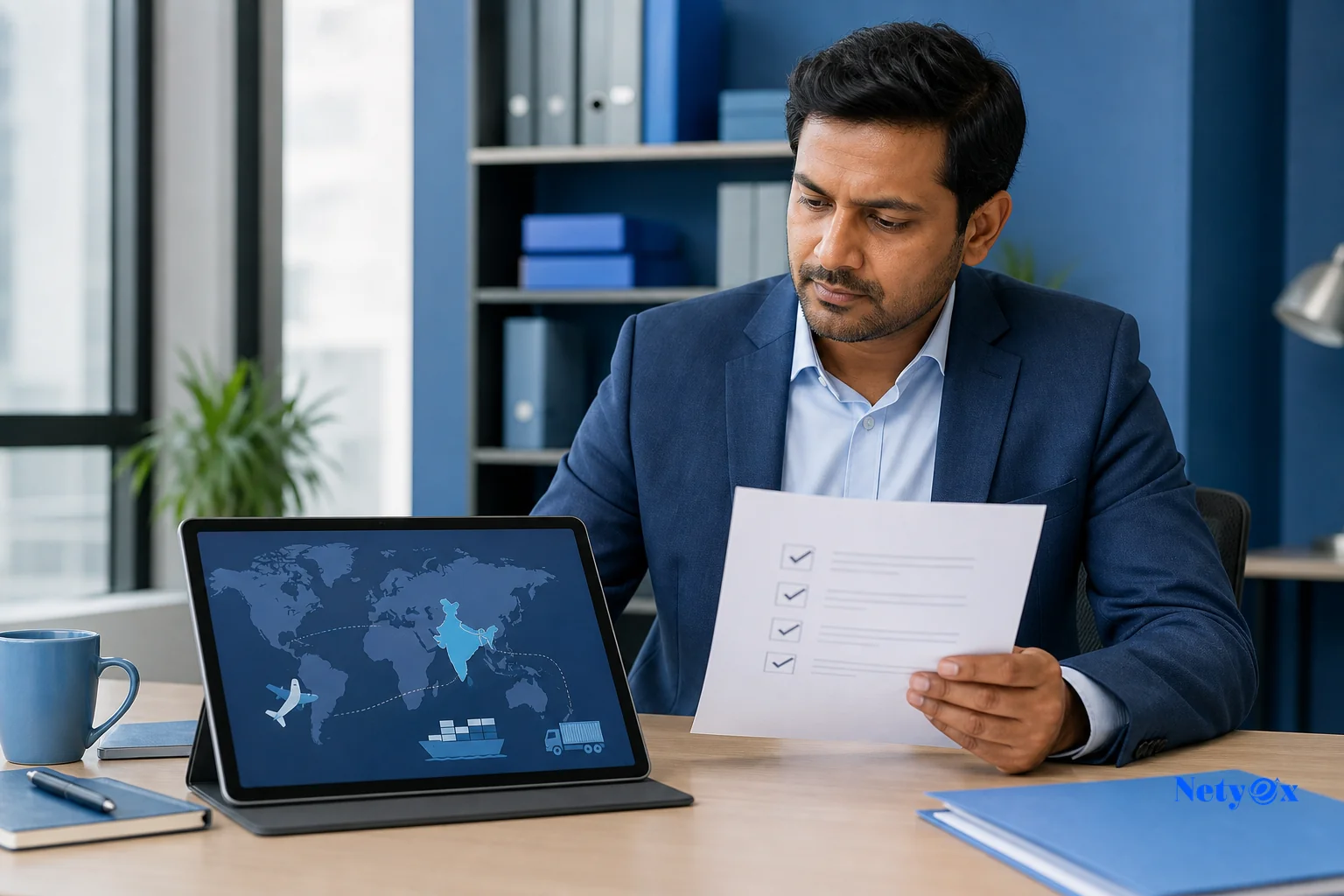 A global importer reviewing a decision checklist with a world map and India highlighted, representing supply chain planning. photorealistic photo of a business professional at a bright modern office desk reviewing a printed checklist and a