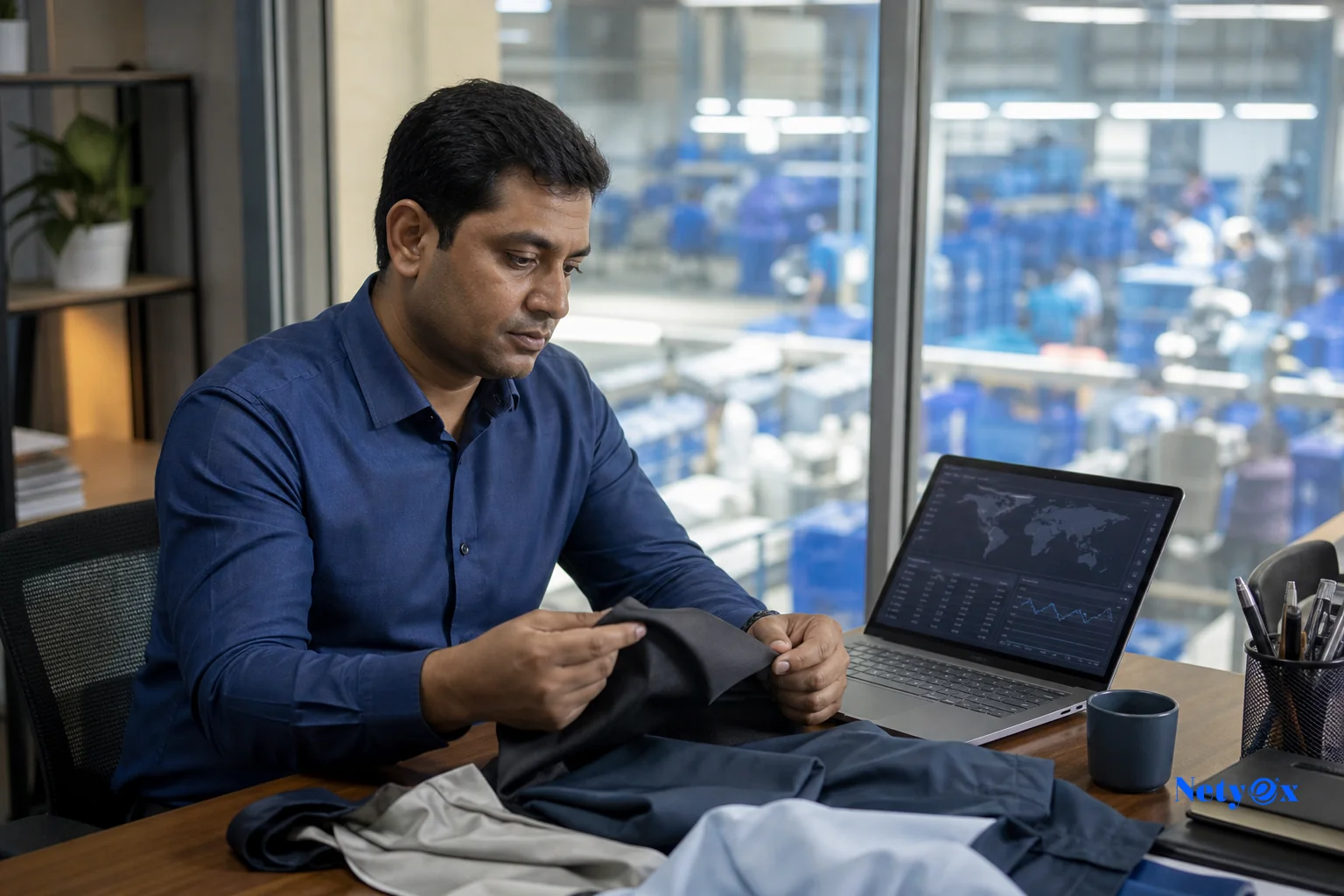 A sourcing specialist working on-site in an Indian factory, coordinating with a global buyer remotely. photorealistic photo of a professional Indian sourcing specialist in a modern factory office in India, wearing business casual attire