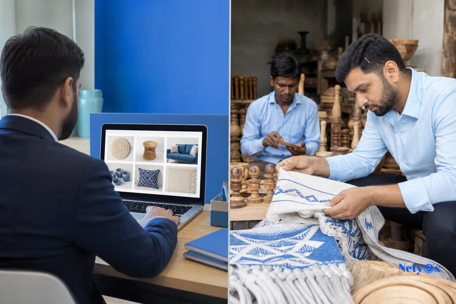 Split visual showing a buyer browsing a marketplace on a laptop versus a sourcing specialist physically inspecting products at a factory in India. photorealistic split-composition photo: on one side a businessperson at a desk browsing a