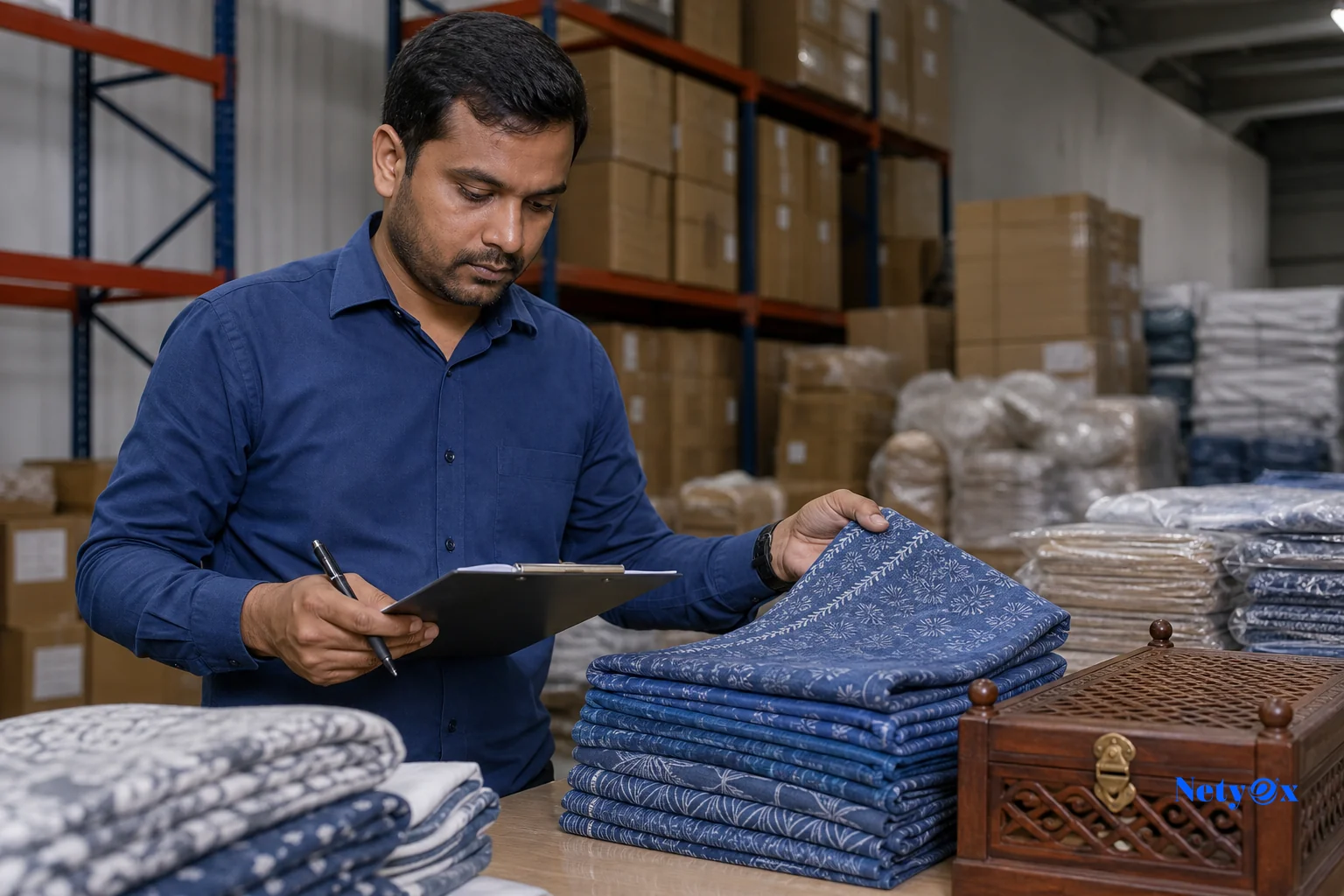 Close-up of a quality control inspector examining handicraft or textile products before shipment, representing pre-shipment inspection. Photorealistic photo of a quality control inspector in an Indian export warehouse carefully examining a