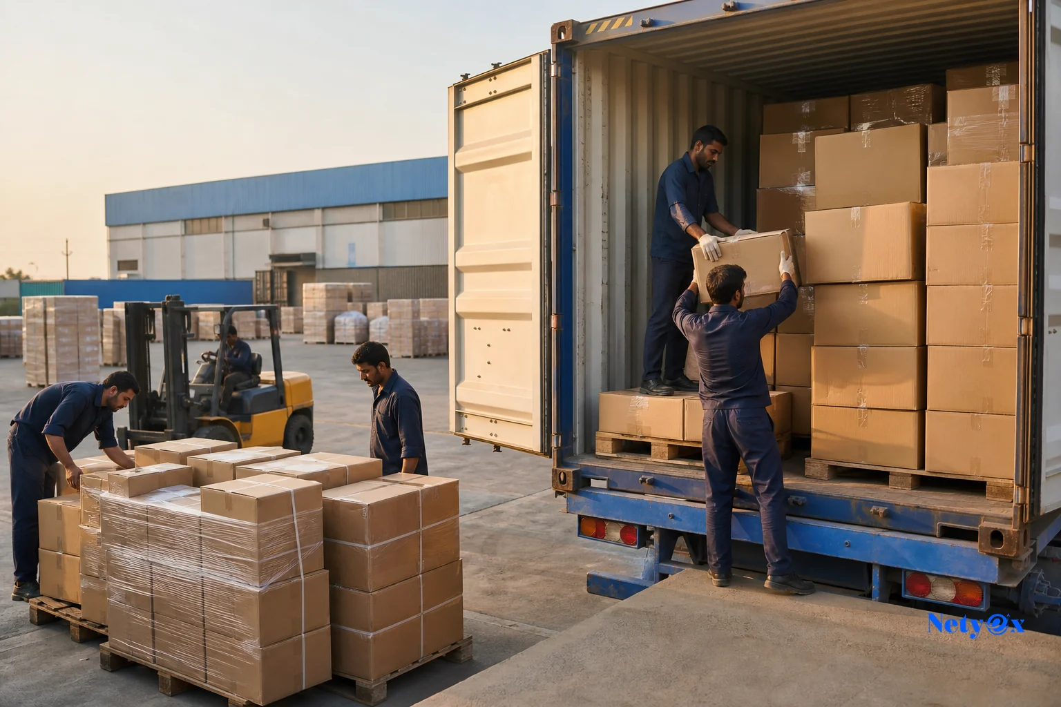 Photorealistic photo of workers loading labeled export cartons of home decor and handicraft products into a shipping container at an Indian logistics yard, forklift in the background, golden late-afternoon light, blue and grey industrial