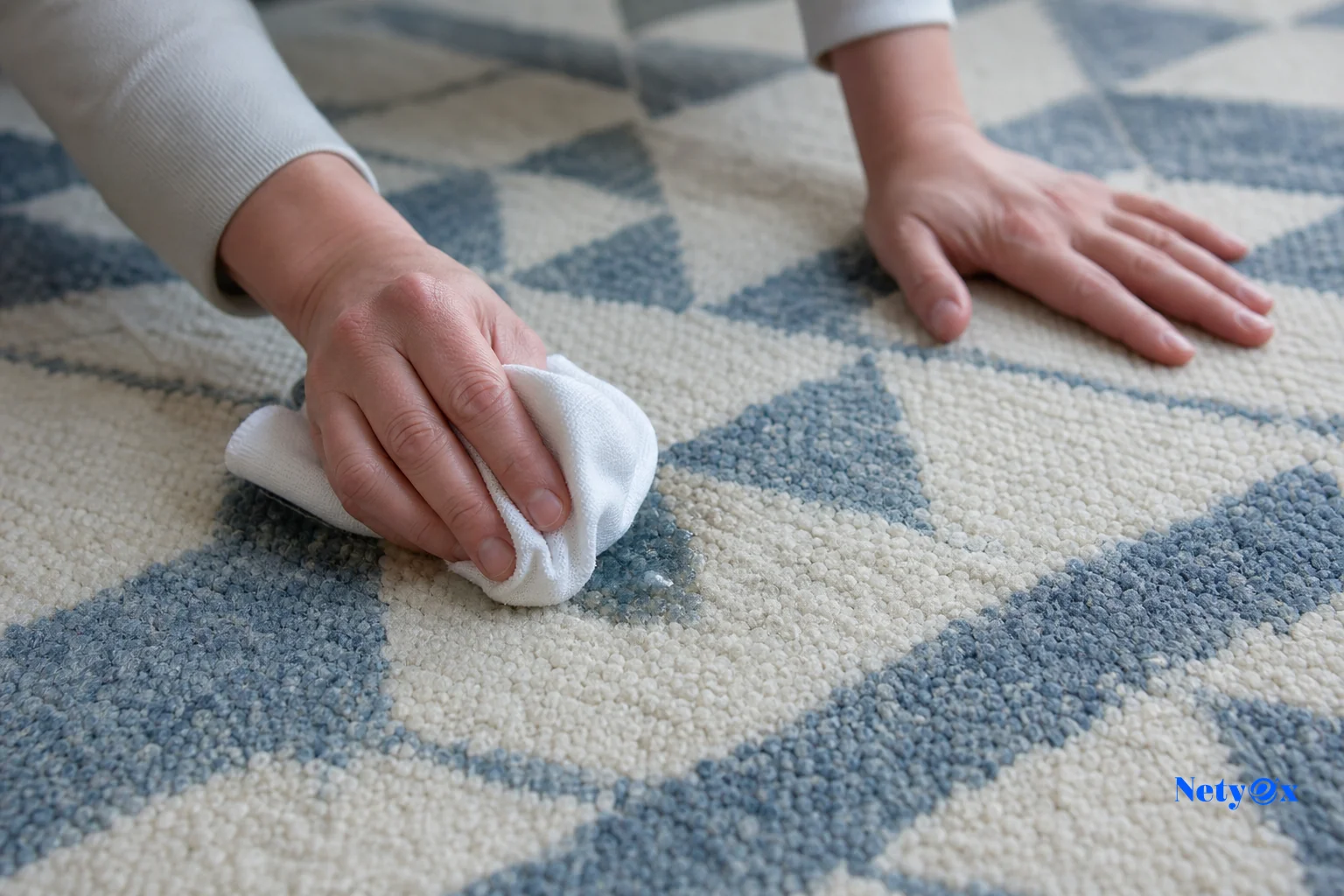 Hands blotting a small stain on a wool rug with a clean white cloth. photorealistic photograph of a person's hands blotting a small spill on a thick hand tufted wool rug using a clean white cloth, cool morning light from a nearby window