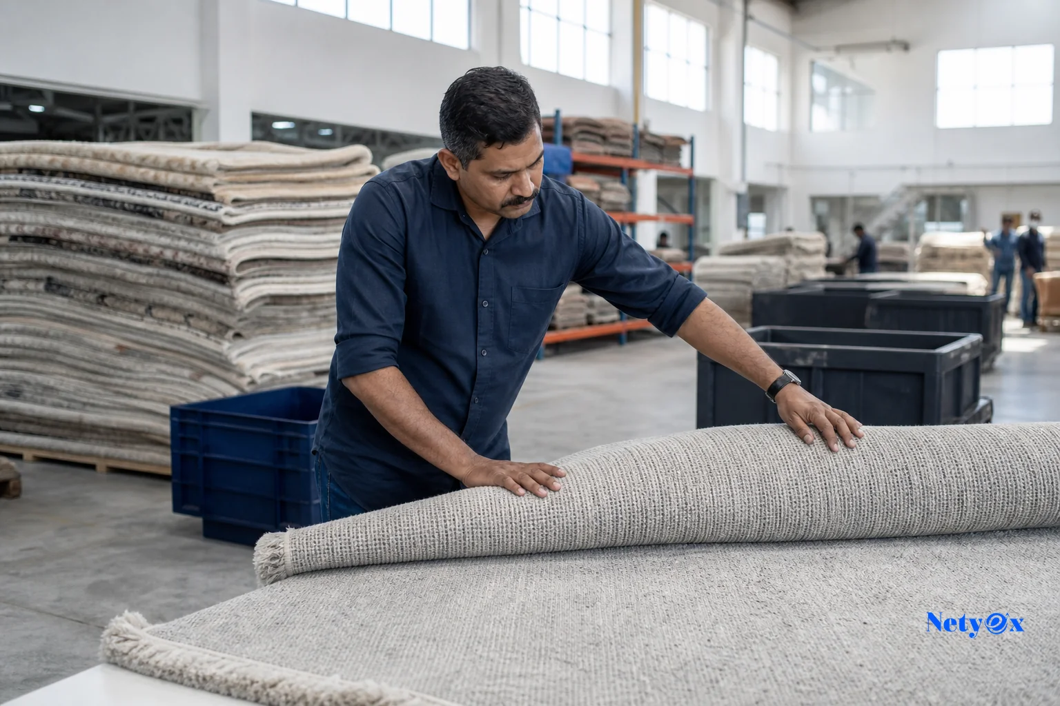 An on-the-ground quality inspector examining a wool rug's latex backing before export at a production facility in India. photorealistic photograph of a quality control inspector in India examining the latex backing of a rolled hand tufted