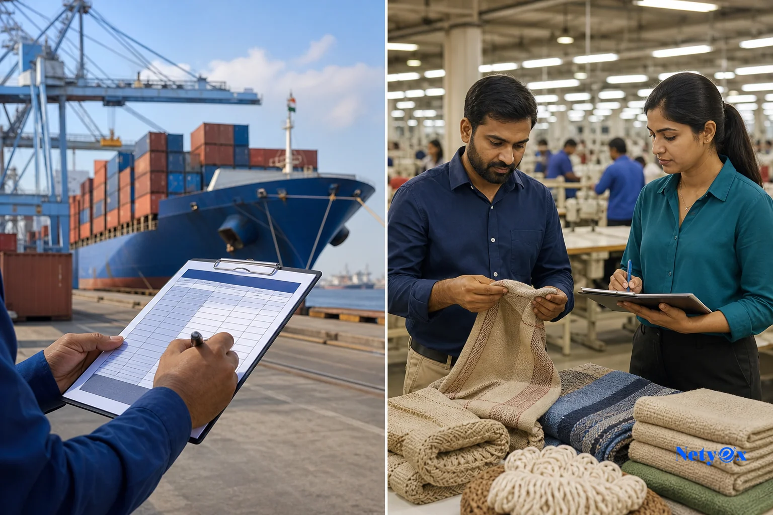 Split comparison showing cargo shipping logistics on one side and factory quality inspection on the other, representing freight forwarder vs sourcing agent roles
