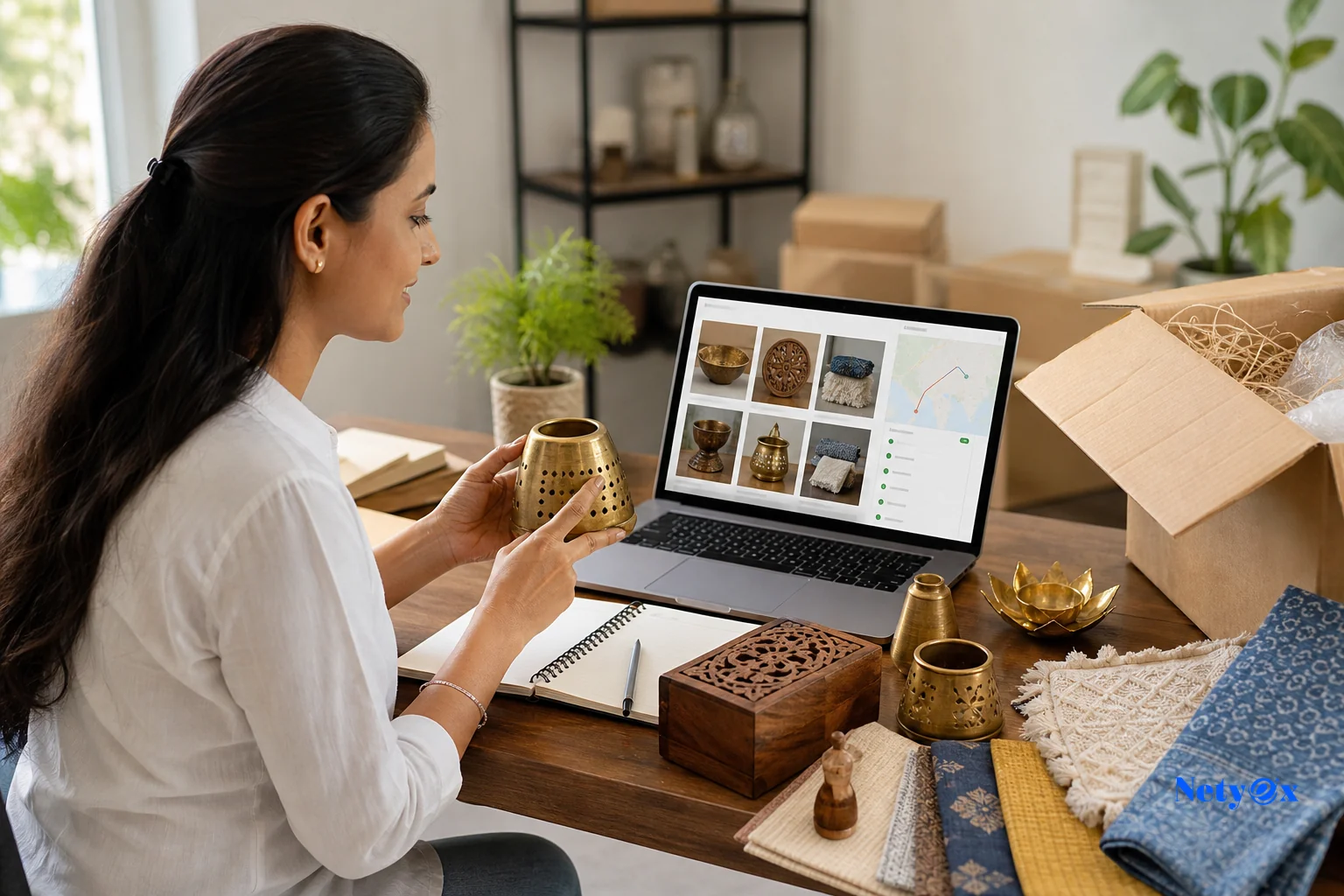Private-label brand owner reviewing product samples sourced from India alongside a laptop showing shipment tracking