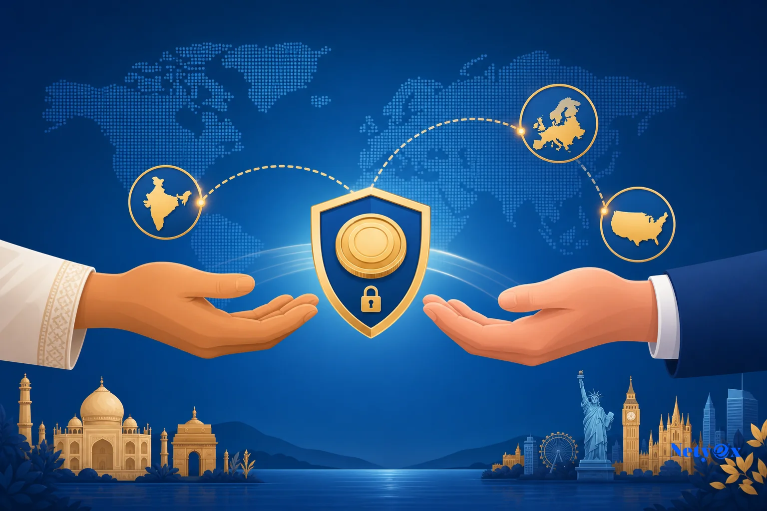 Secure escrow payment protection concept between an international buyer and Indian supplier