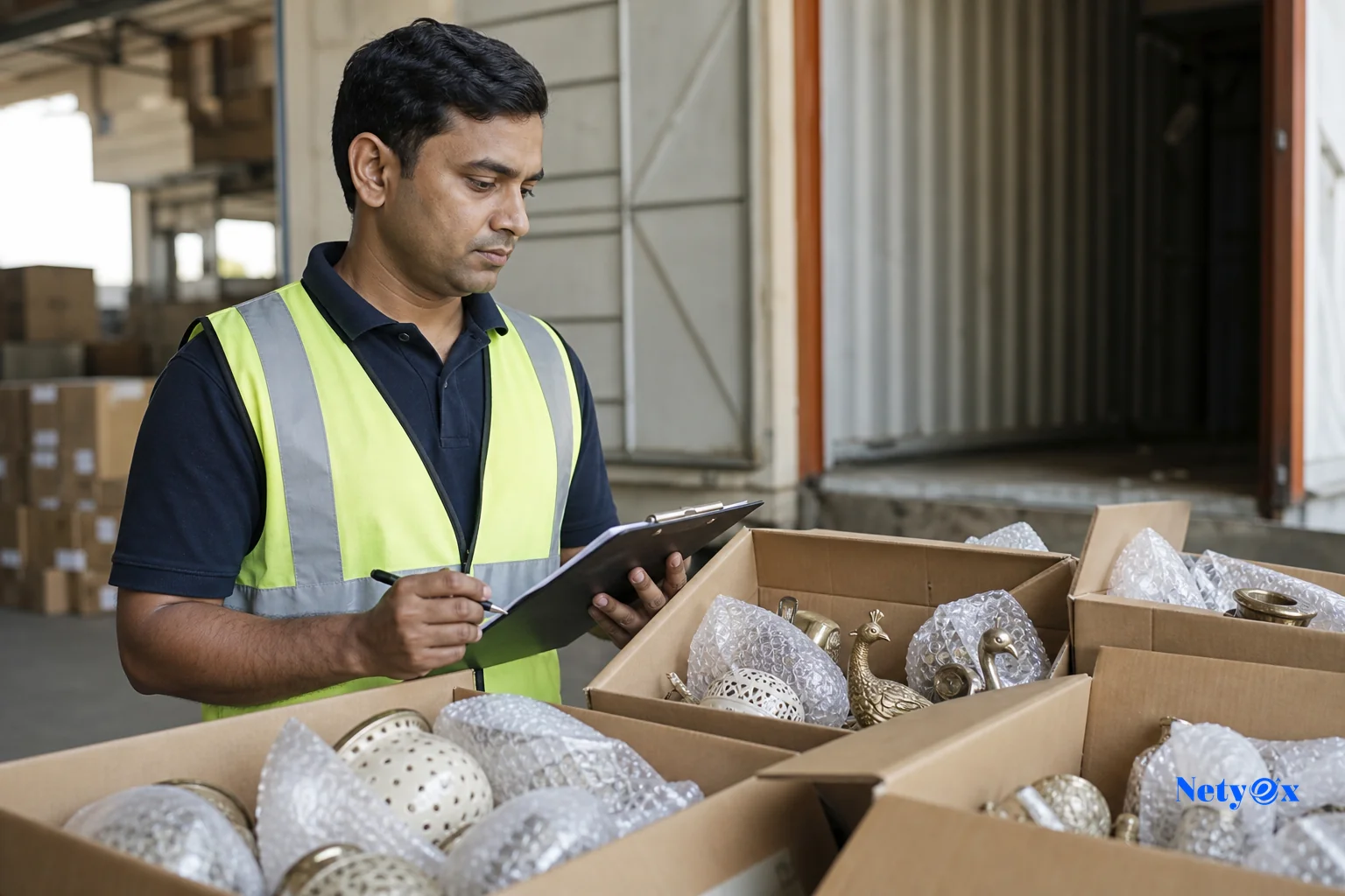 Quality inspector checking cartons against a packing list checklist before container loading in India