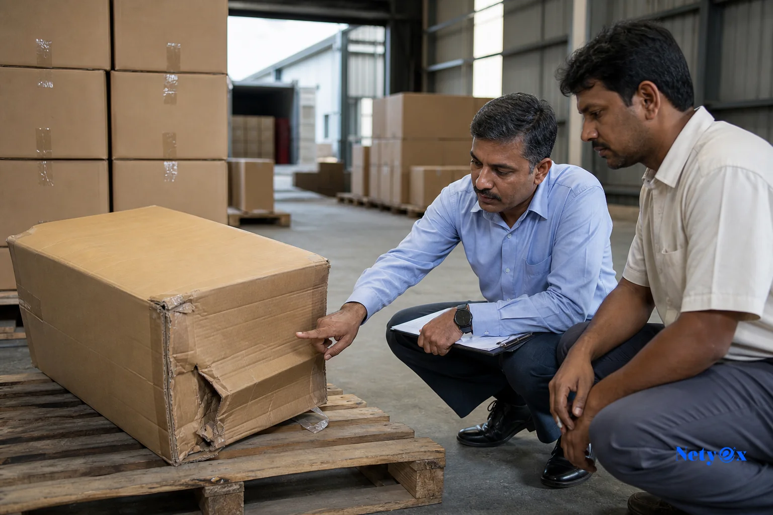 Inspector examining a damaged carton at an export warehouse loading dock in India before container loading