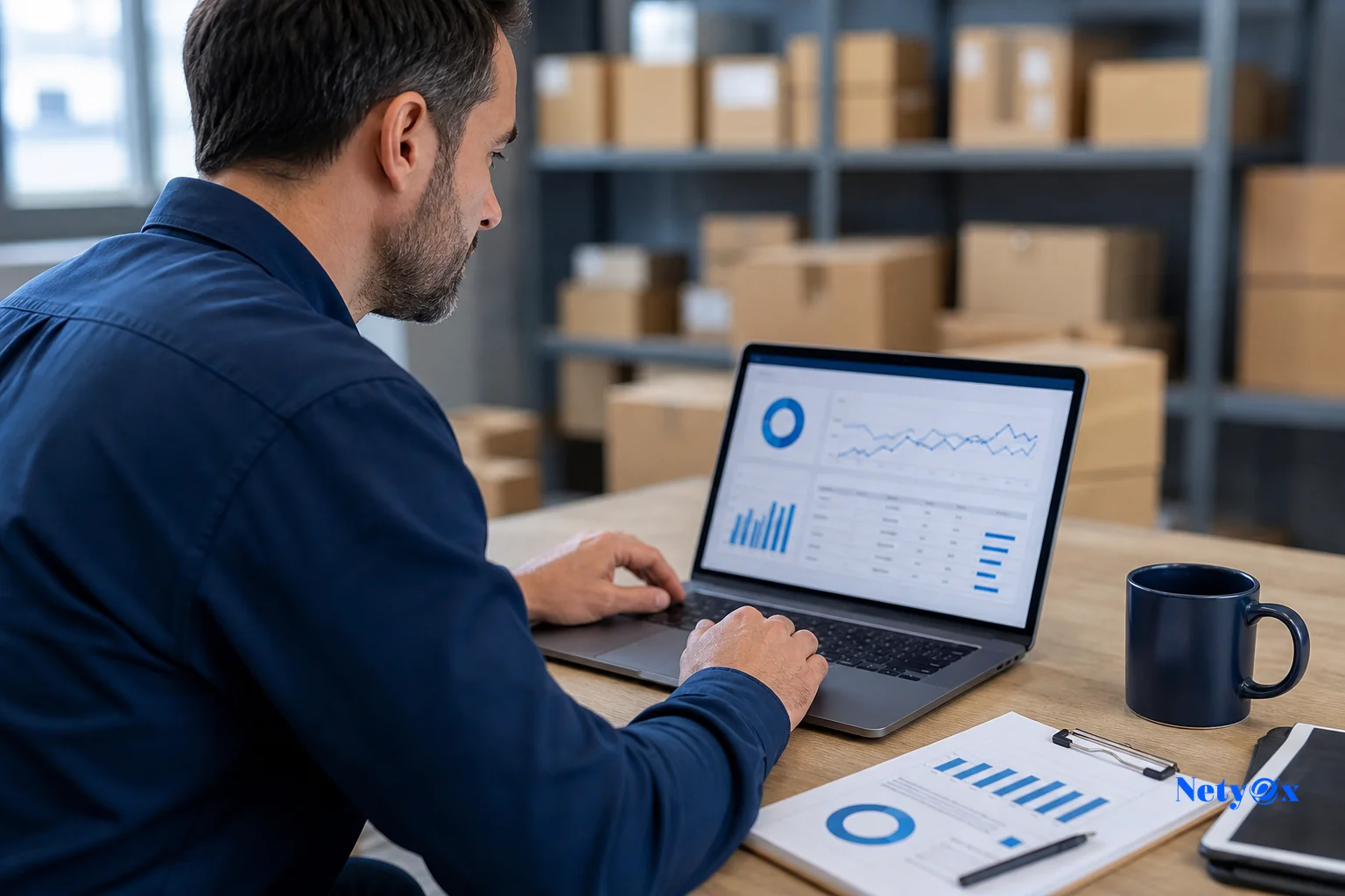 Ecommerce business owner reviewing inventory and stock levels on a laptop to decide on rush shipping. Photorealistic photo of a focused ecommerce business owner at a desk reviewing inventory charts and shipment tracking on a laptop screen