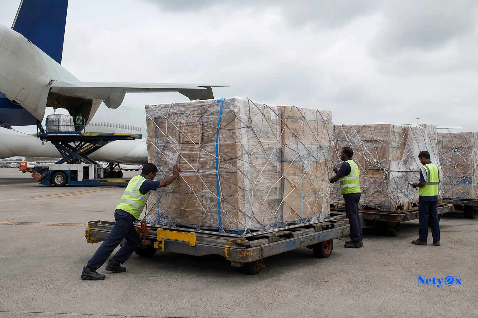 Export cargo being loaded onto an air freight pallet at an Indian airport cargo terminal. Photorealistic photo of export cargo pallets wrapped and stacked at an Indian international airport cargo terminal, ground crew loading boxes onto a