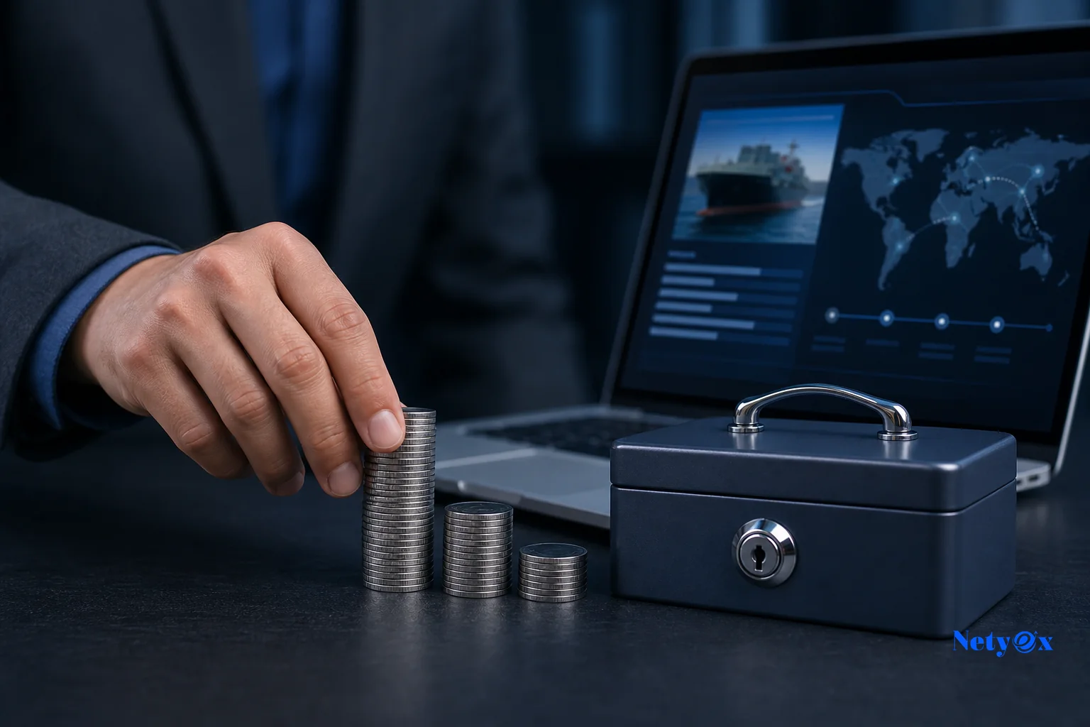 Milestone escrow payment structure shown through a secure lockbox and shipment tracking dashboard for India sourcing orders