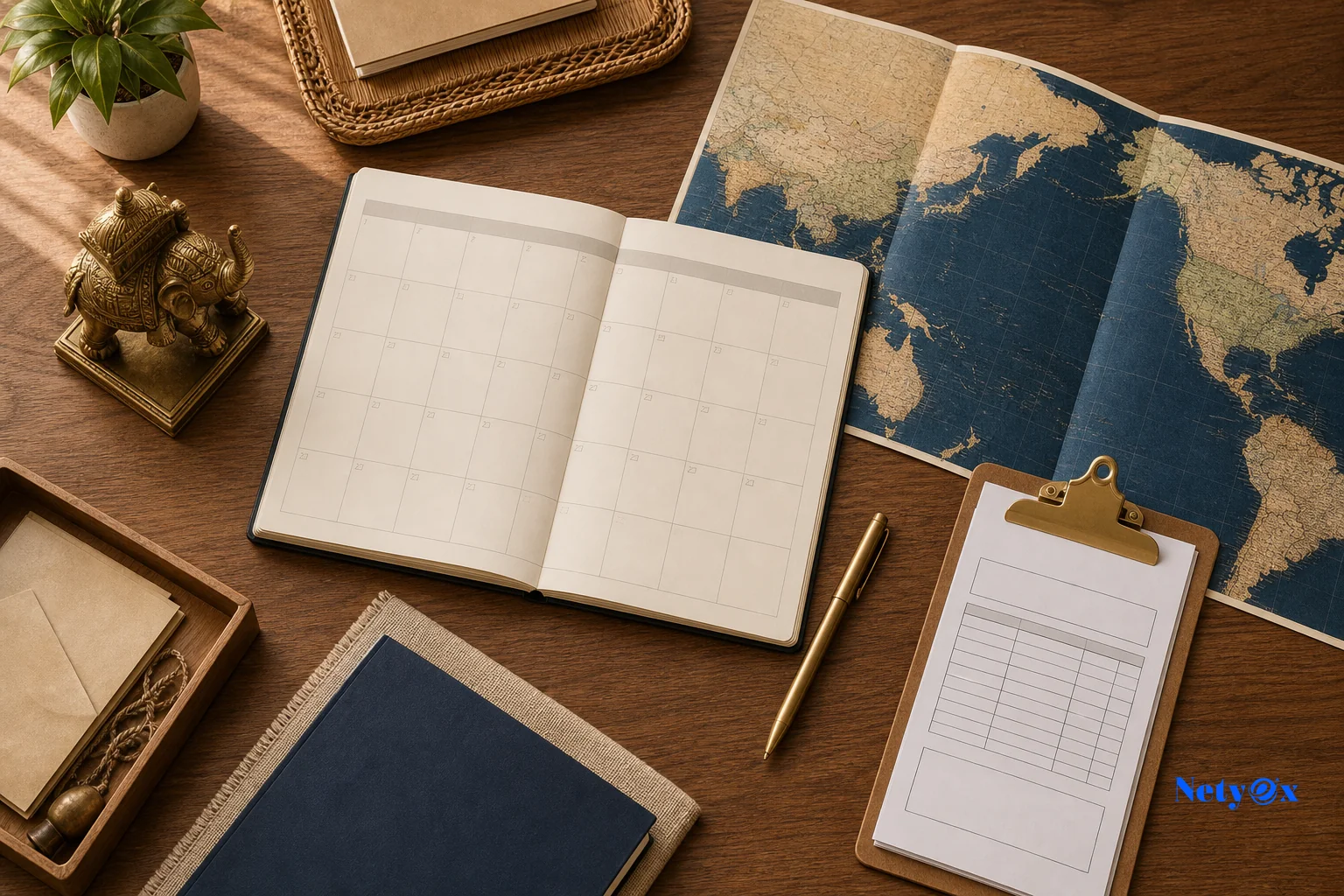 Planning calendar and shipping documents on a desk representing total door-to-door timeline planning for India to USA imports
