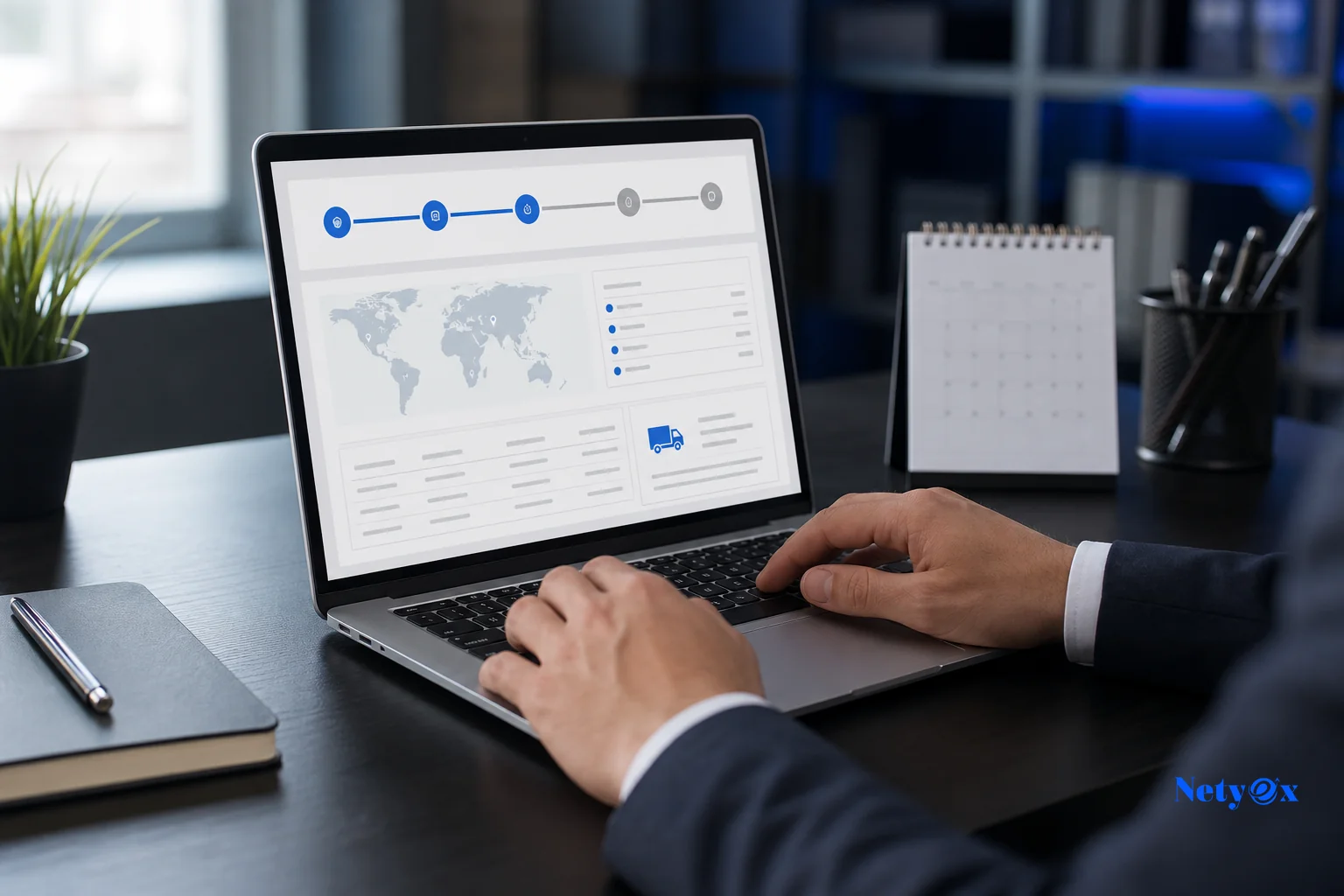 A close-up of a professional using a laptop dashboard to track production and shipment status for an India sourcing order. Photorealistic photo of a business professional's hands typing on a laptop displaying an order tracking dashboard