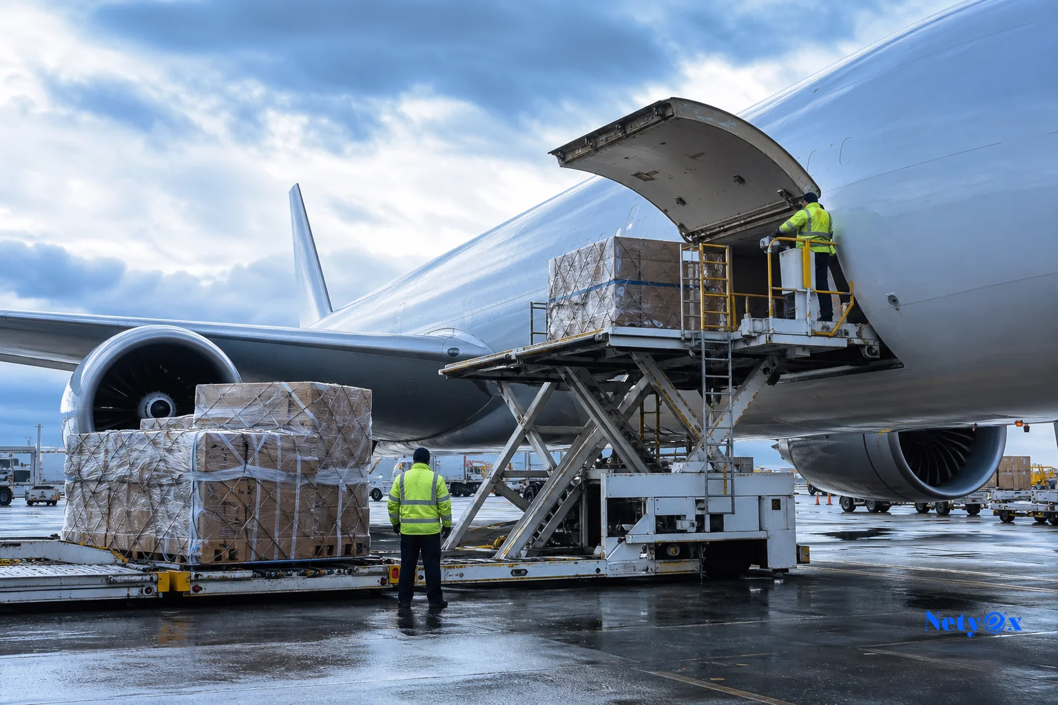 Photorealistic photo of a cargo airplane on an airport tarmac being loaded with palletized freight boxes, ground crew in high-visibility vests working nearby, overcast sky with cool blue tones (#6daada) reflecting off the plane's fuselage