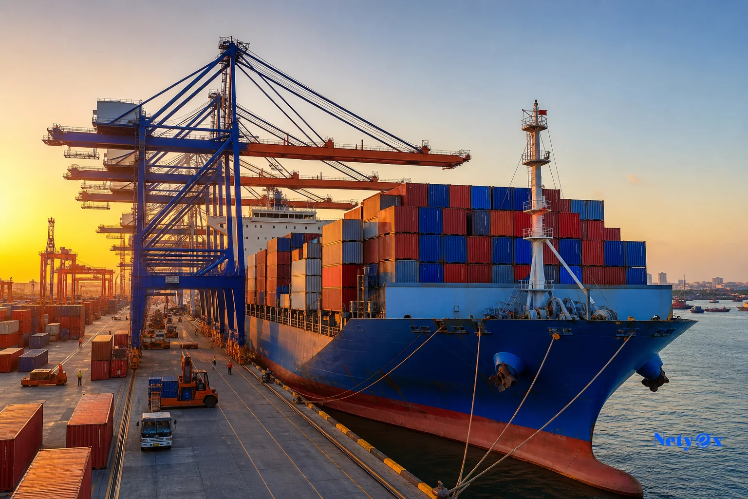 A cargo ship or shipping containers at a busy Indian port, representing transit variability and the need for safety stock buffers. Photorealistic photo of a large cargo ship loaded with shipping containers docked at a busy Indian port at
