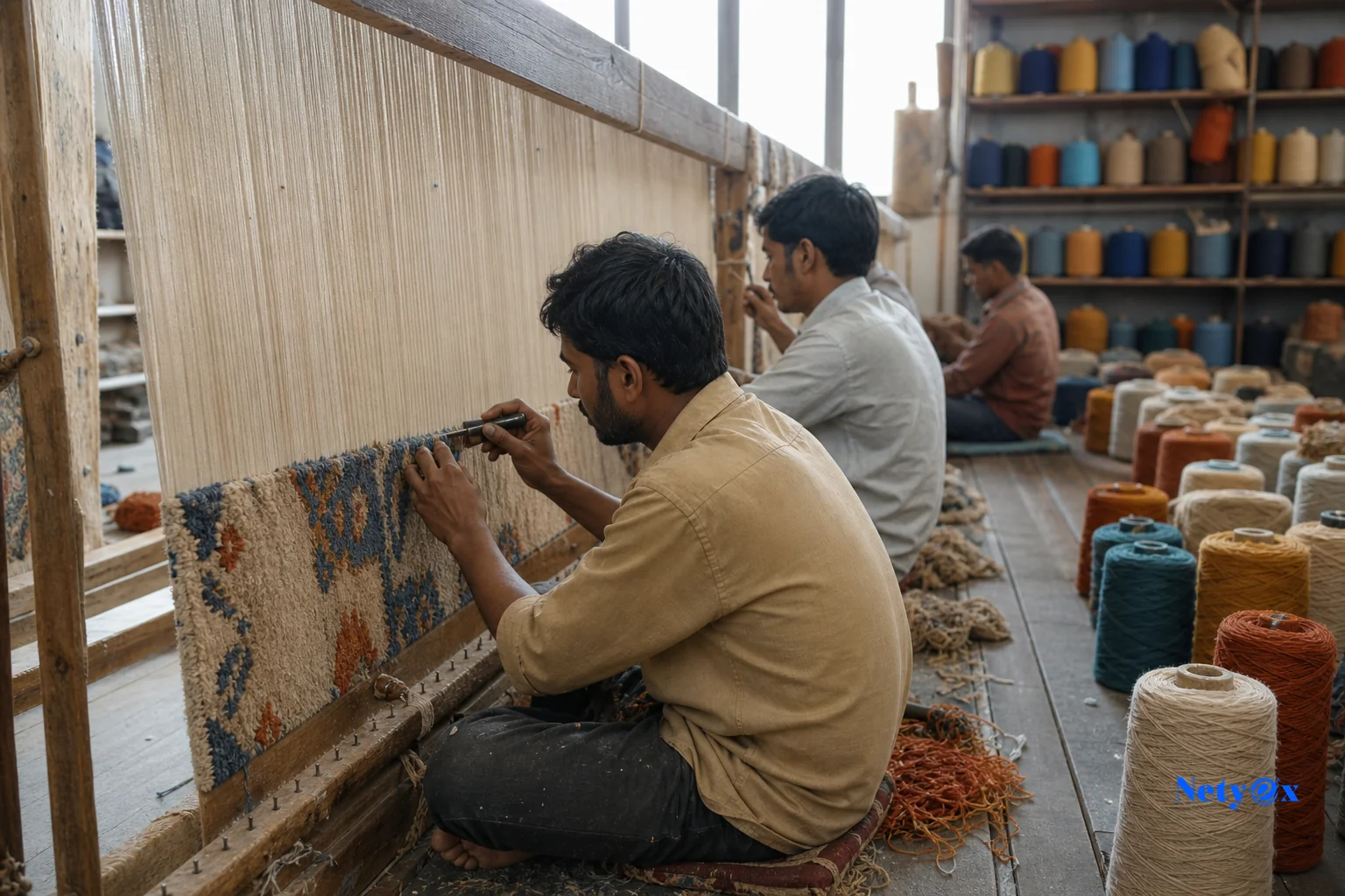 Indian rug manufacturing floor with workers tufting wool rugs. photorealistic photo inside an Indian rug manufacturing workshop, artisans hand-tufting a large wool rug on a wooden frame, natural daylight through workshop windows, rows of
