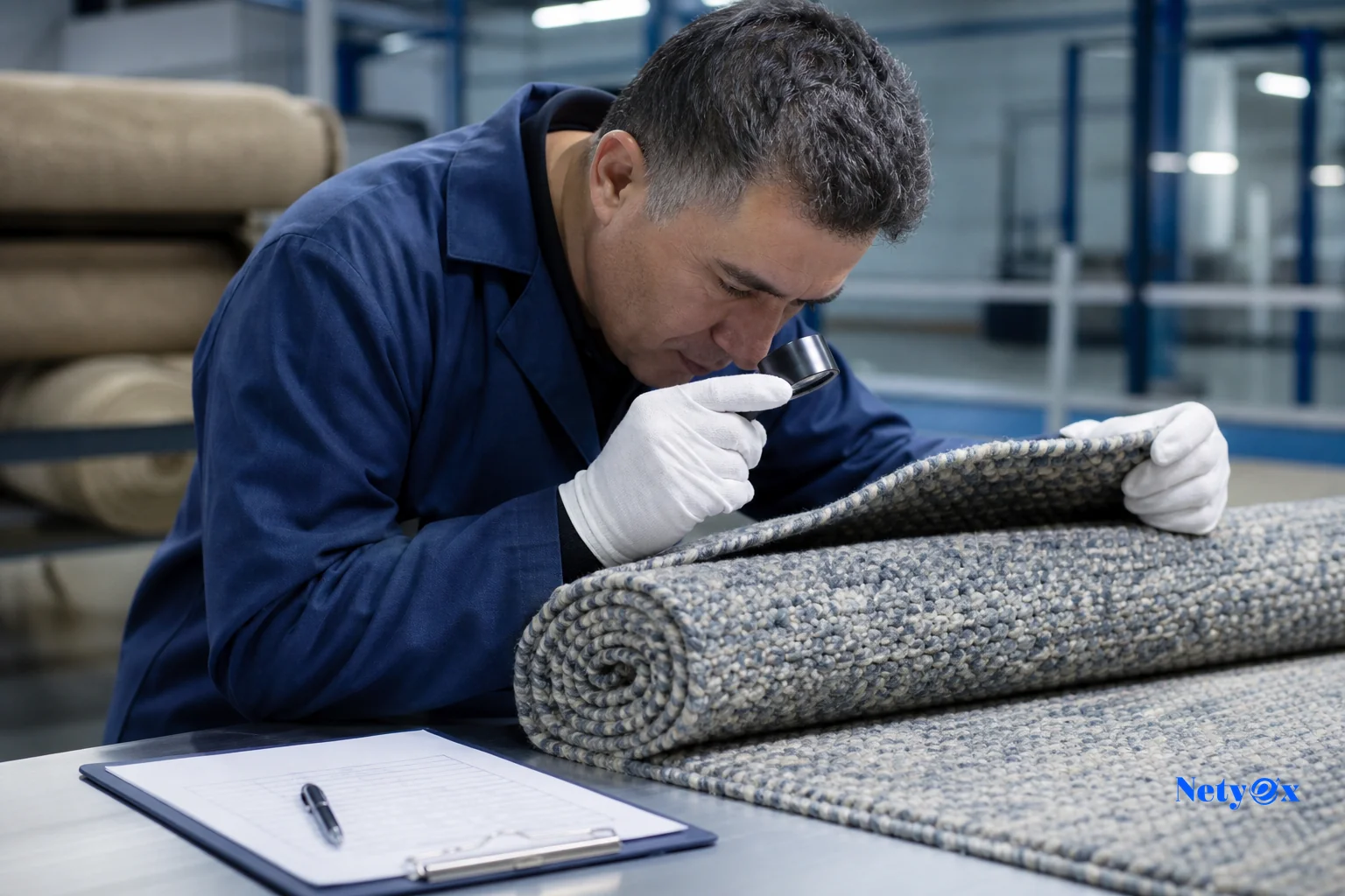 Quality inspector examining rug texture and pile with testing tools. photorealistic photo of a quality control inspector closely examining the pile and weave of a rolled wool rug sample in an inspection facility, wearing gloves, using a