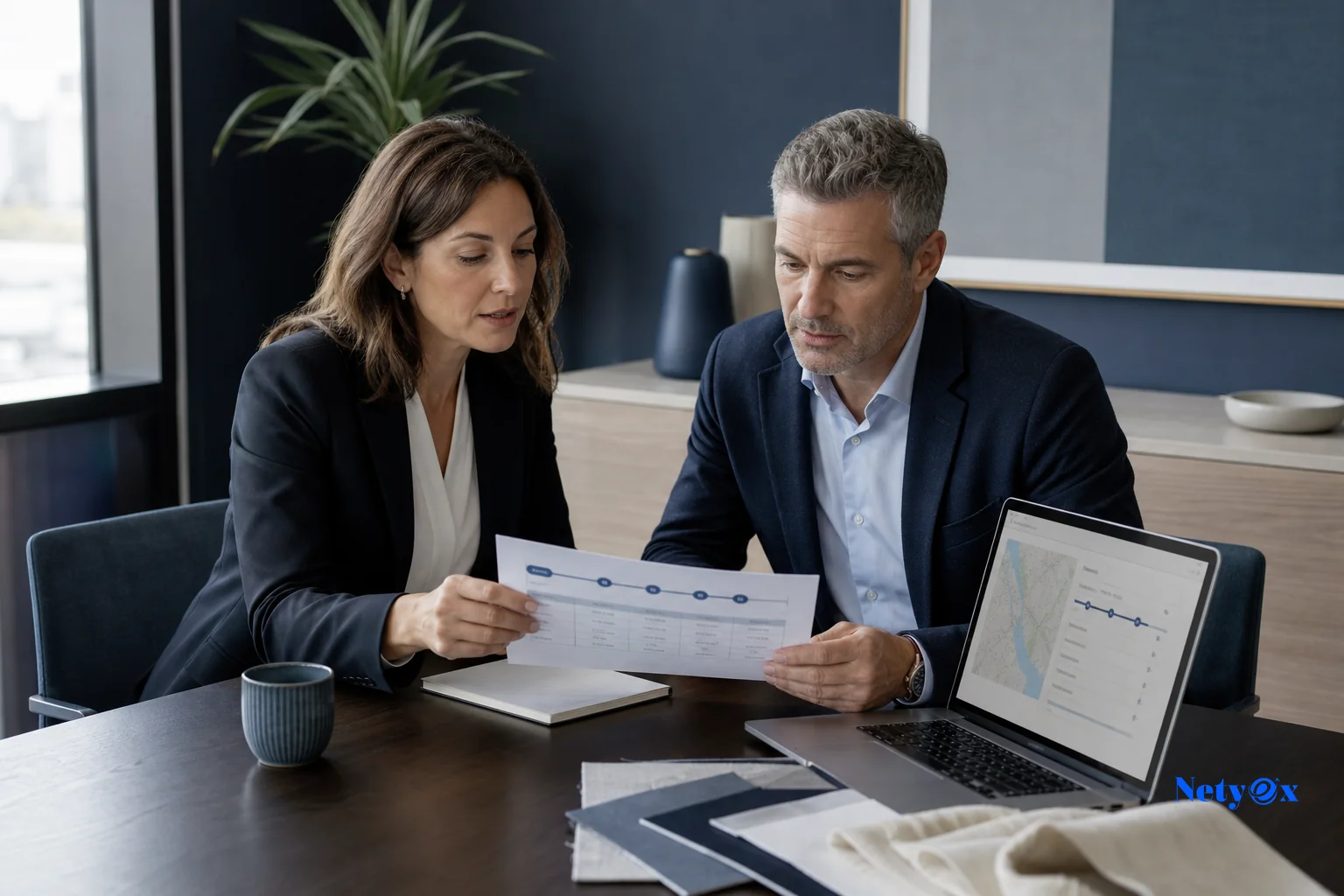 photorealistic photo of two business professionals reviewing a shipment and payment milestone document at a table, one representing a hospitality buyer and one a sourcing manager, laptop open showing a shipment tracking dashboard, office