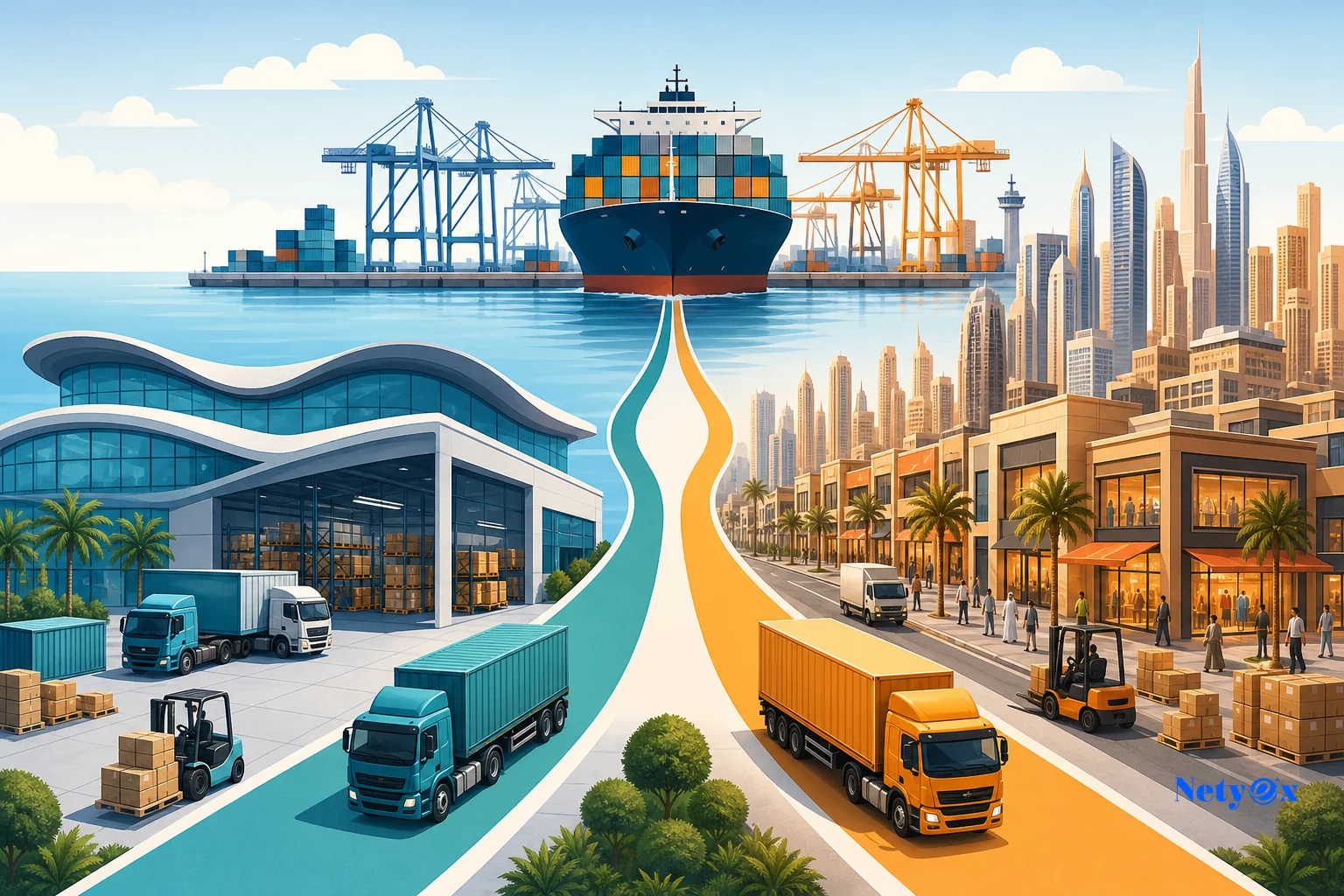 Illustration comparing UAE free zone warehouse pathway versus mainland UAE distribution route for goods imported from India