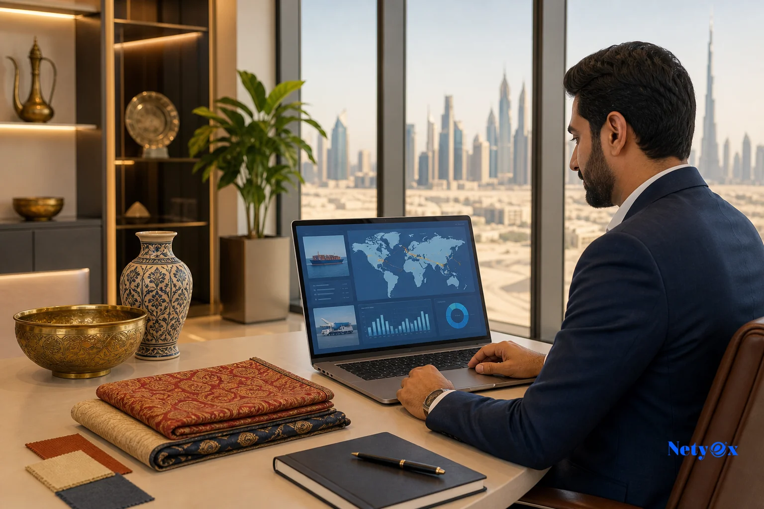 UAE-based buyer reviewing order tracking dashboard on laptop with Indian brass and ceramic product samples on desk, representing managed India sourcing