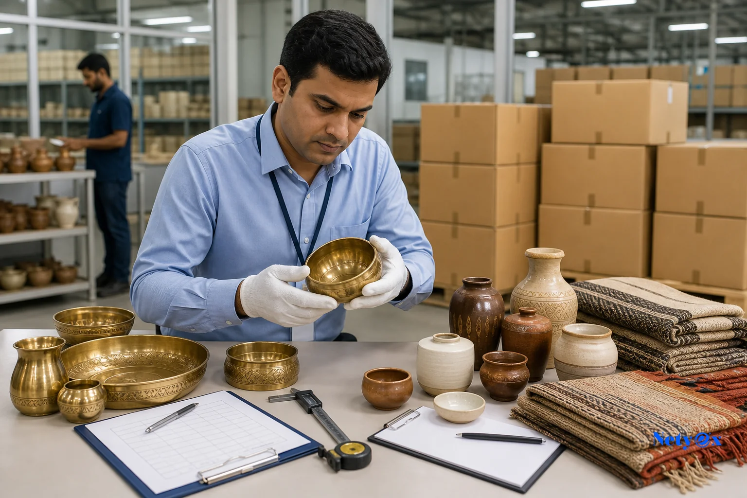 Quality control inspector examining brass tableware and ceramic products in an Indian export warehouse before shipment to the UAE